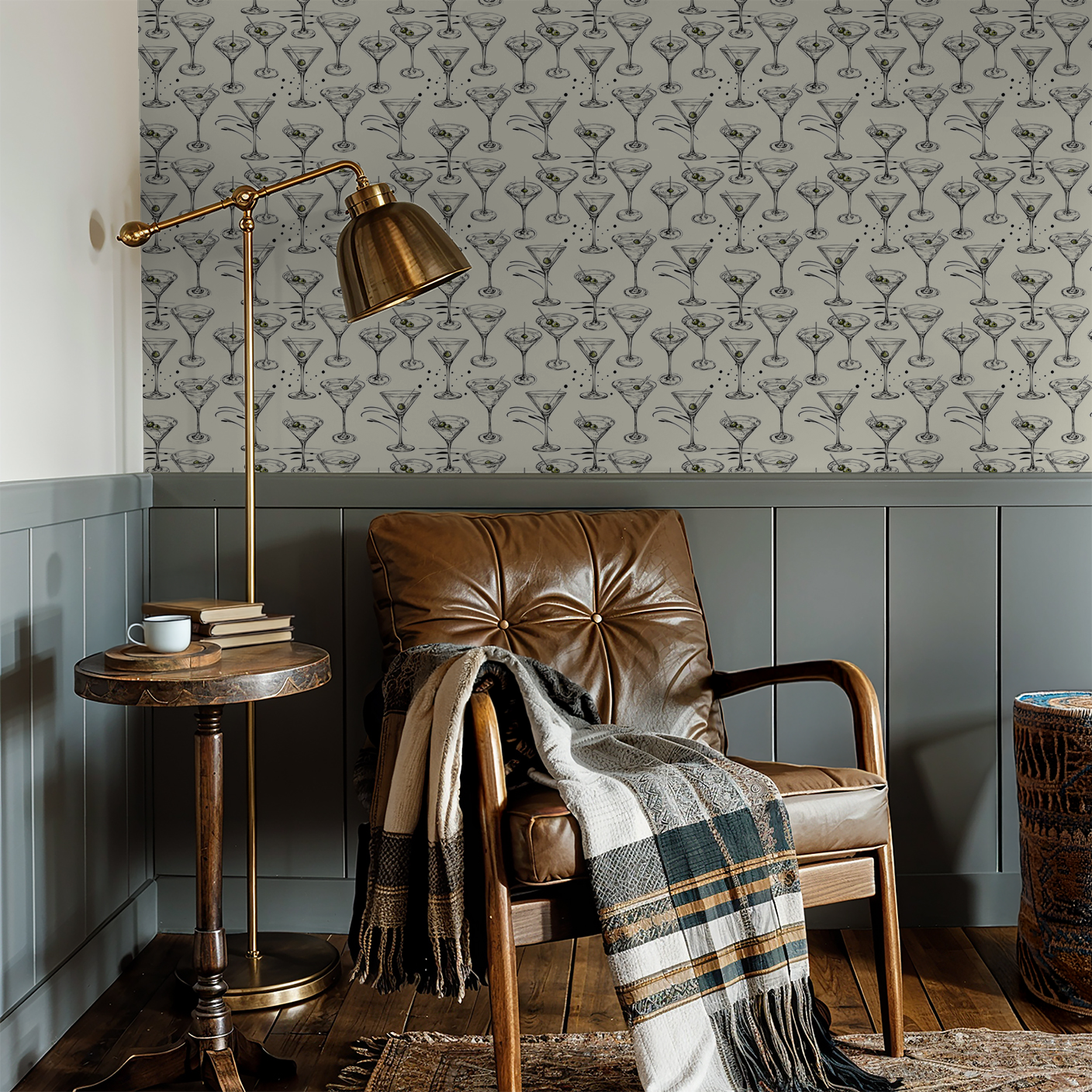 Martini glass wallpaper in cozy reading nook with leather chair and lamp.