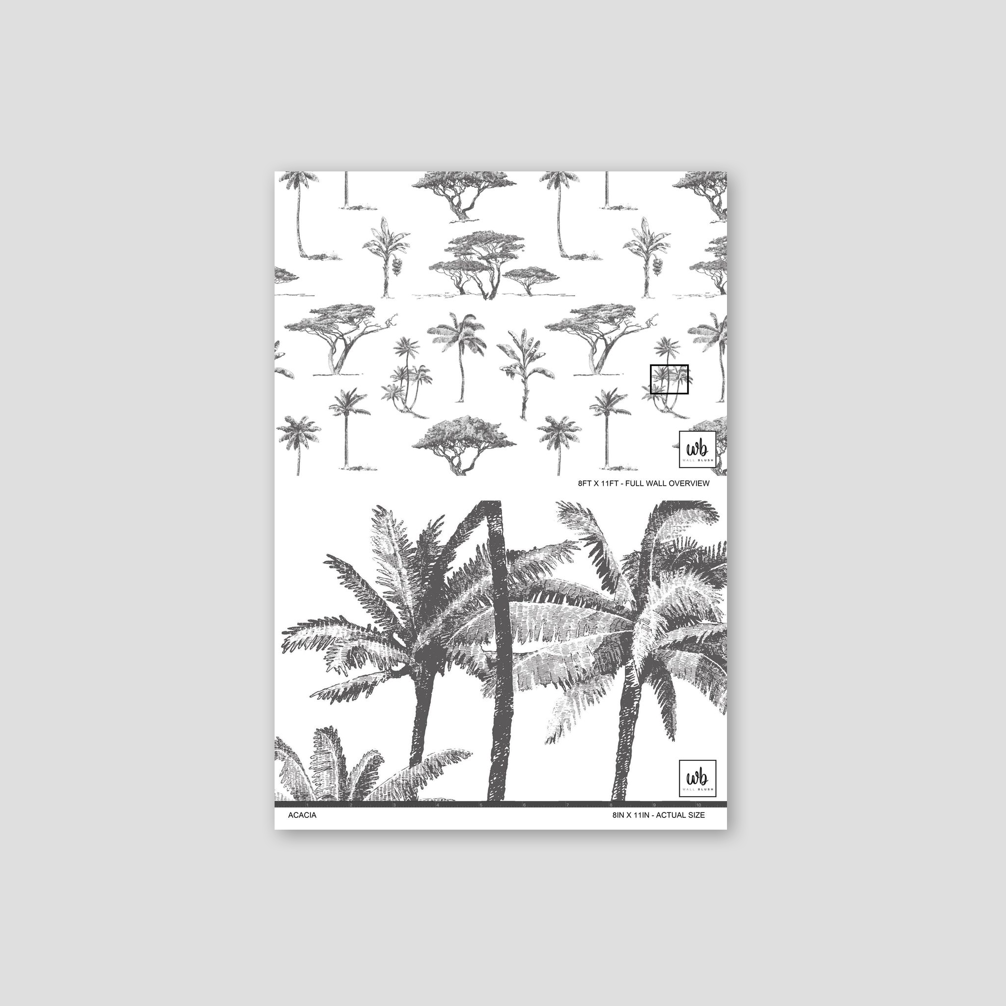 Monochrome acacia tree wallpaper with detailed botanical sketches.
