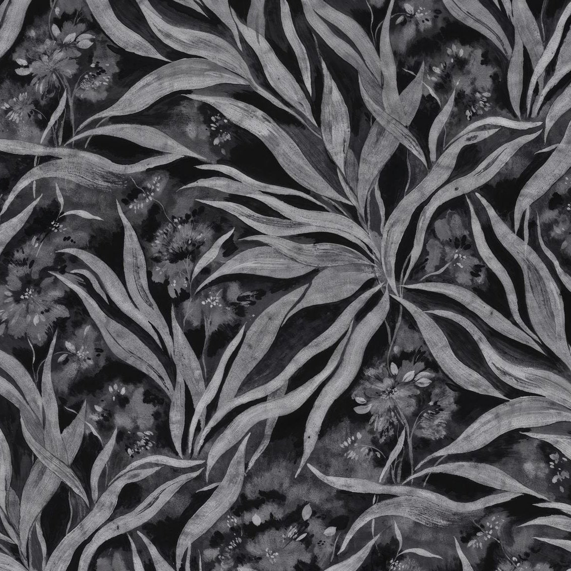 Monochrome foliage wallpaper with grey leaves on dark background