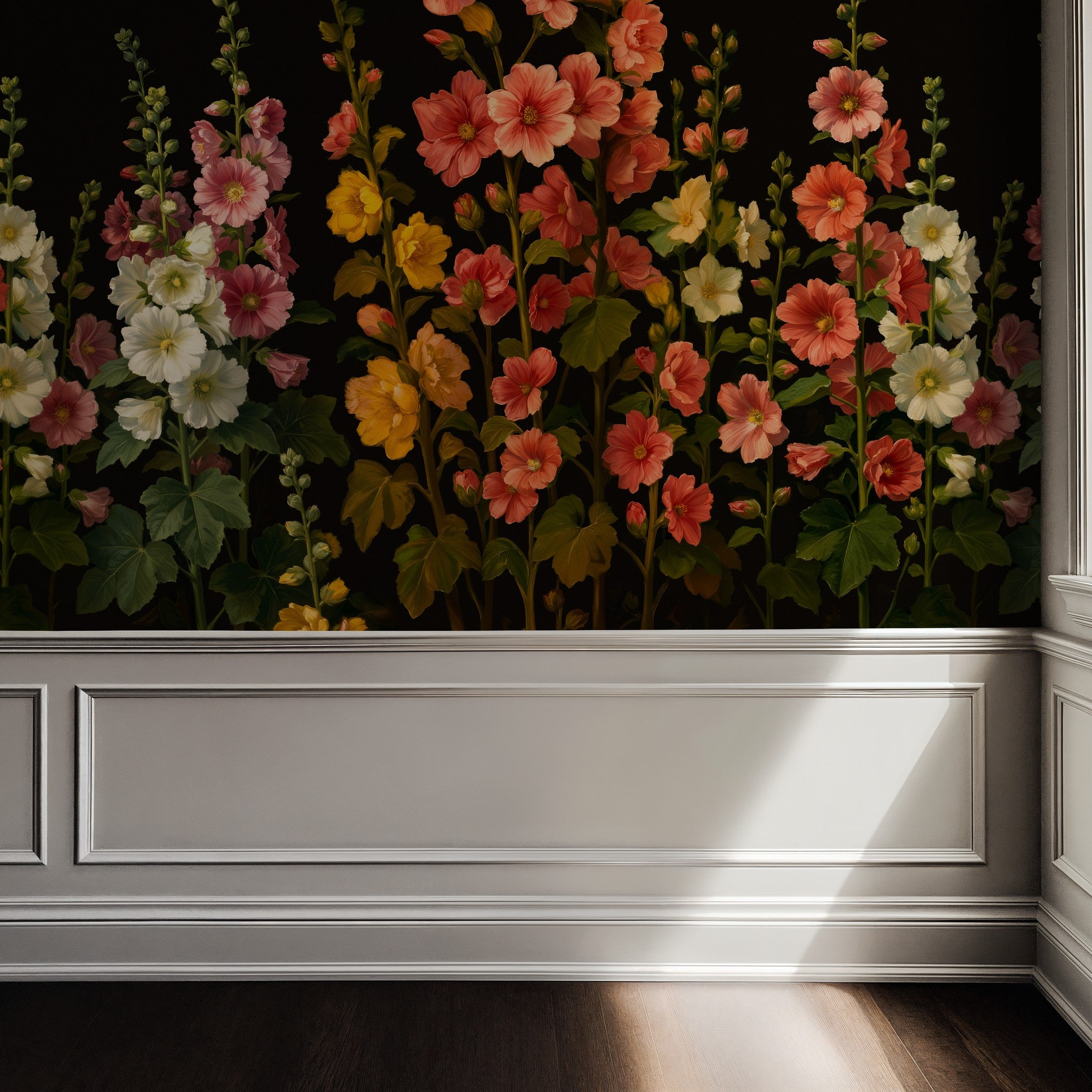 Moonlit Hollyhocks wallpaper with vibrant flowers on black backdrop in elegant room.
