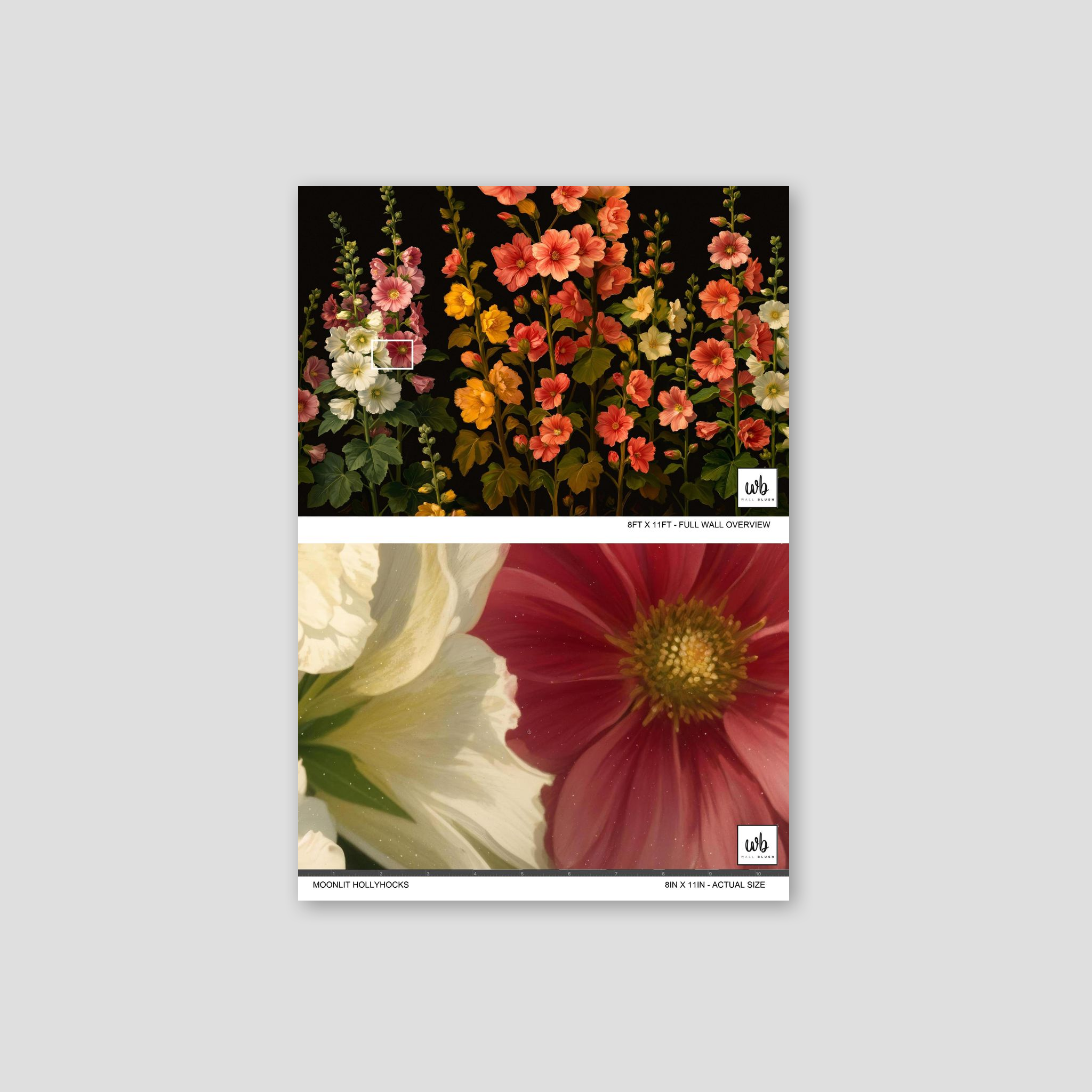 Moonlit Hollyhocks wallpaper with coral, yellow, and ivory flowers on black.