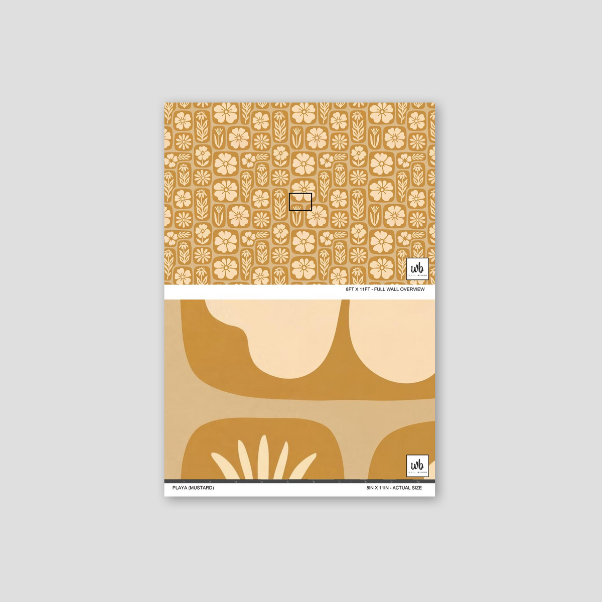 Mustard floral wallpaper sample with geometric floral pattern in warm tones
