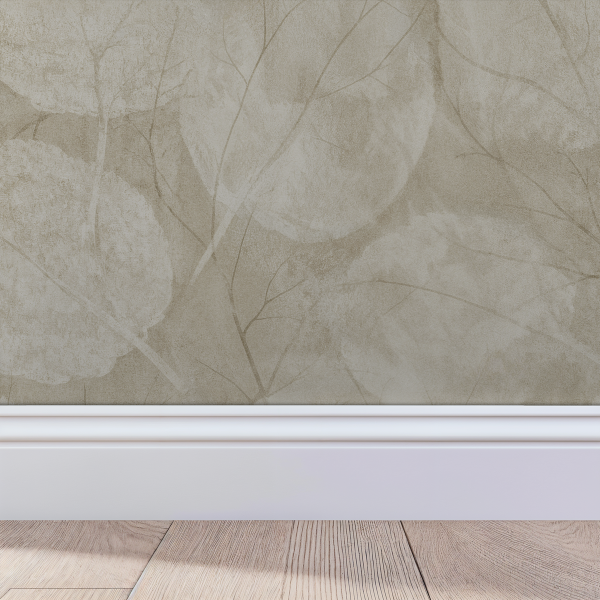 Muted earthy leaf pattern wallpaper with delicate foliage in a serene room setting.