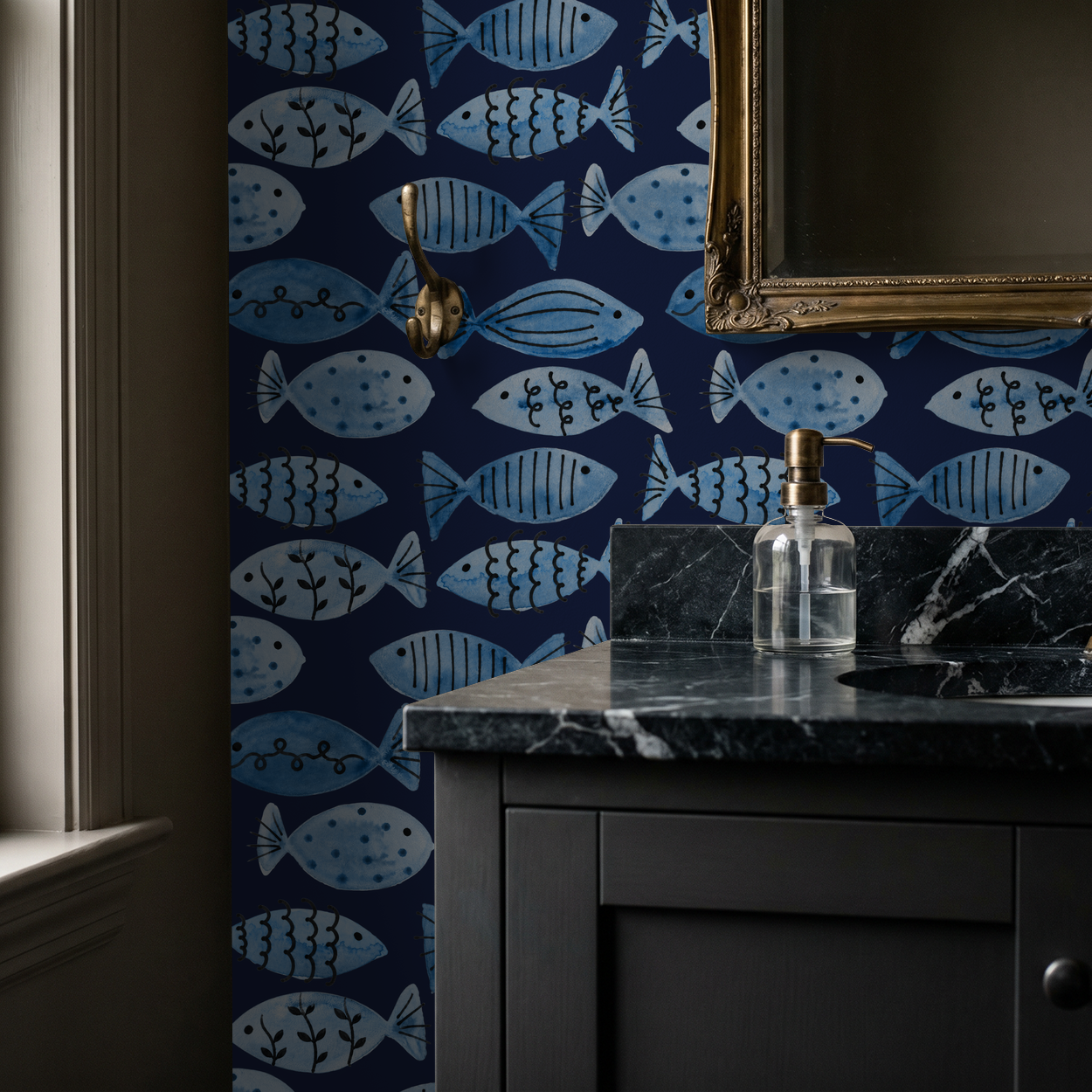Navy wallpaper with whimsical blue fish pattern in elegant bathroom setting.