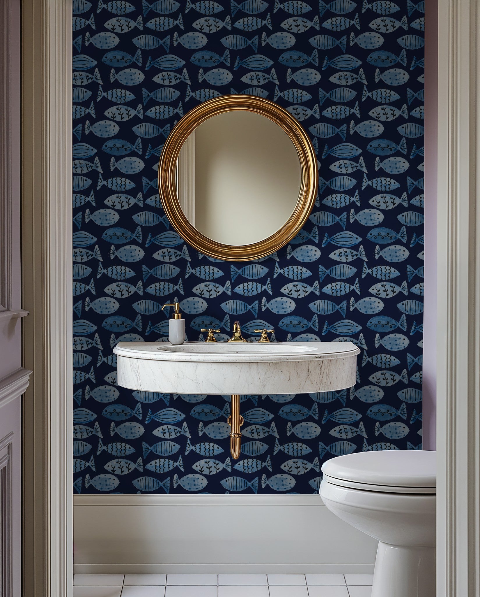 Navy blue fish patterned wallpaper in elegant bathroom setting