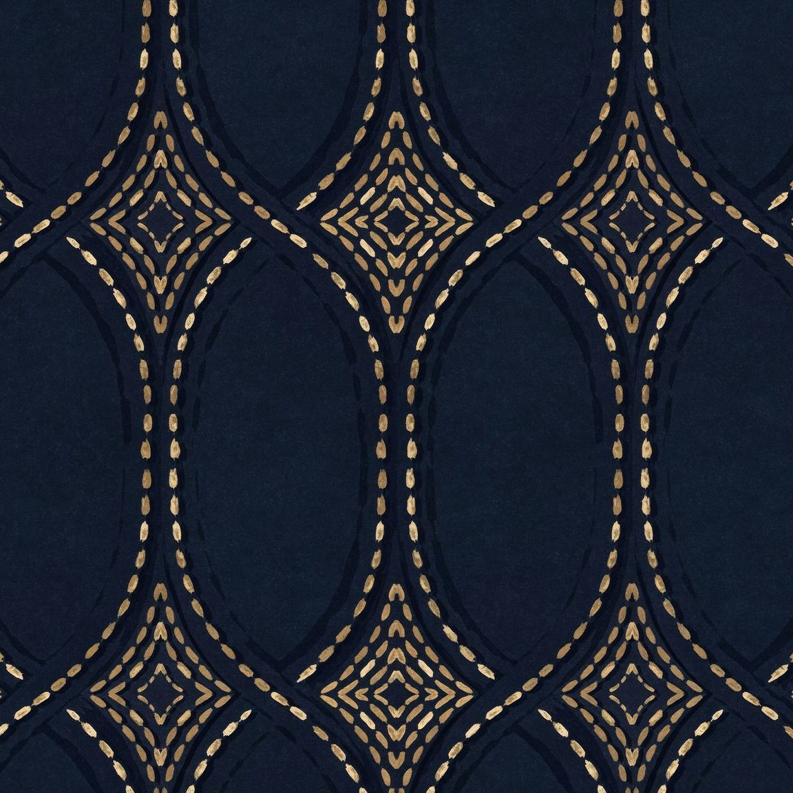 Navy and gold geometric wallpaper with intricate curves and lines