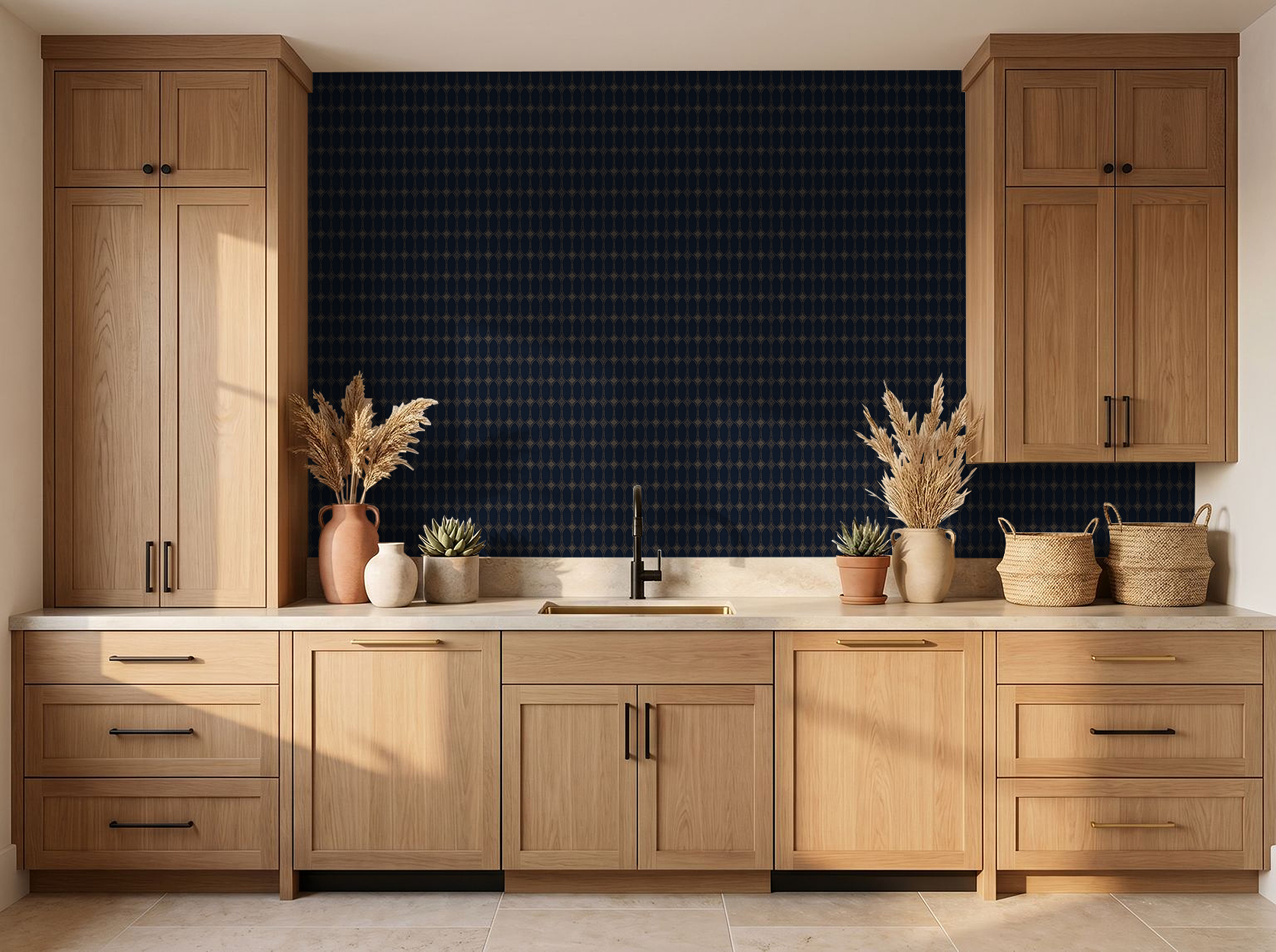 Navy and gold geometric wallpaper in modern kitchen with wooden cabinets.