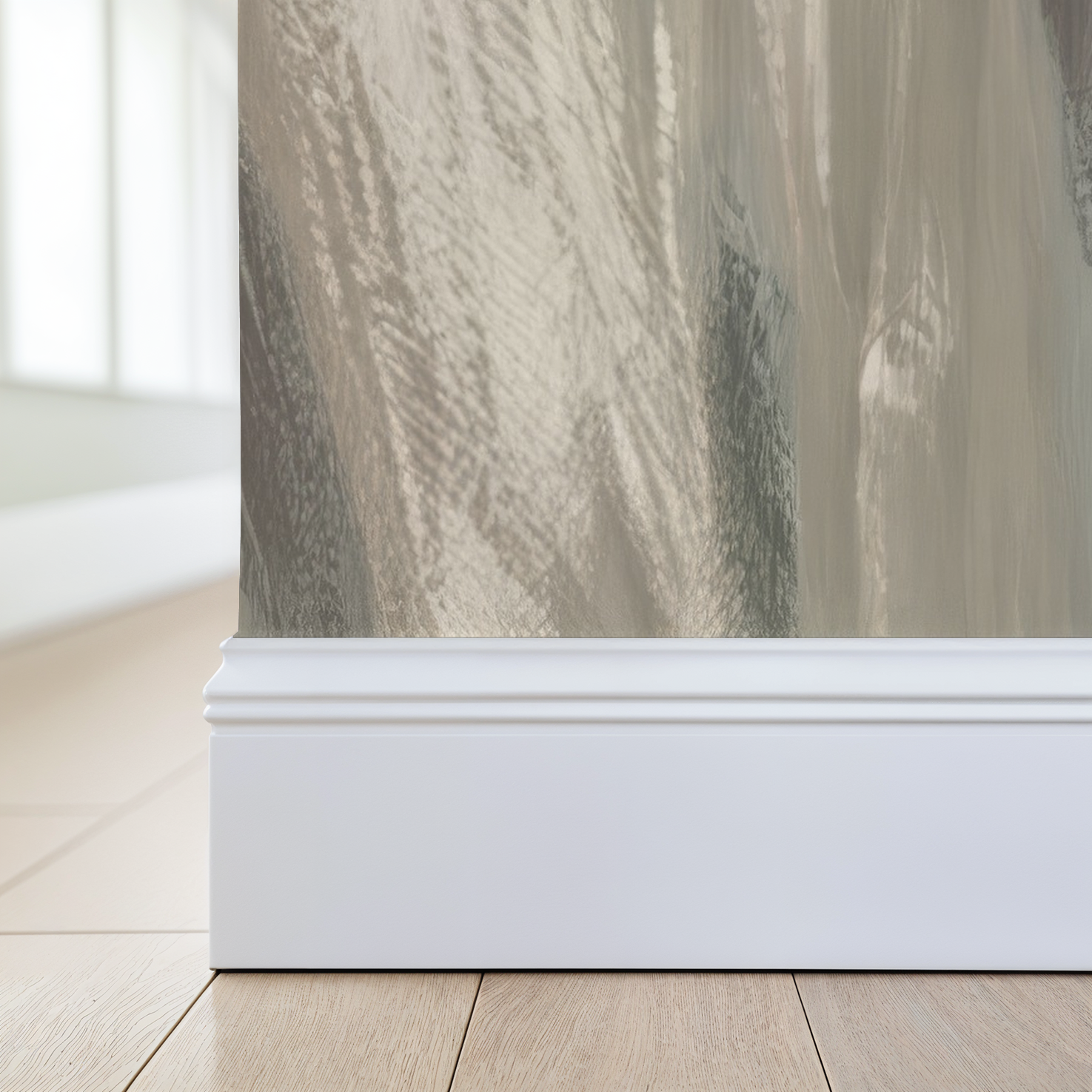 Elegant neutral wallpaper with soft textured pattern in modern room setting.