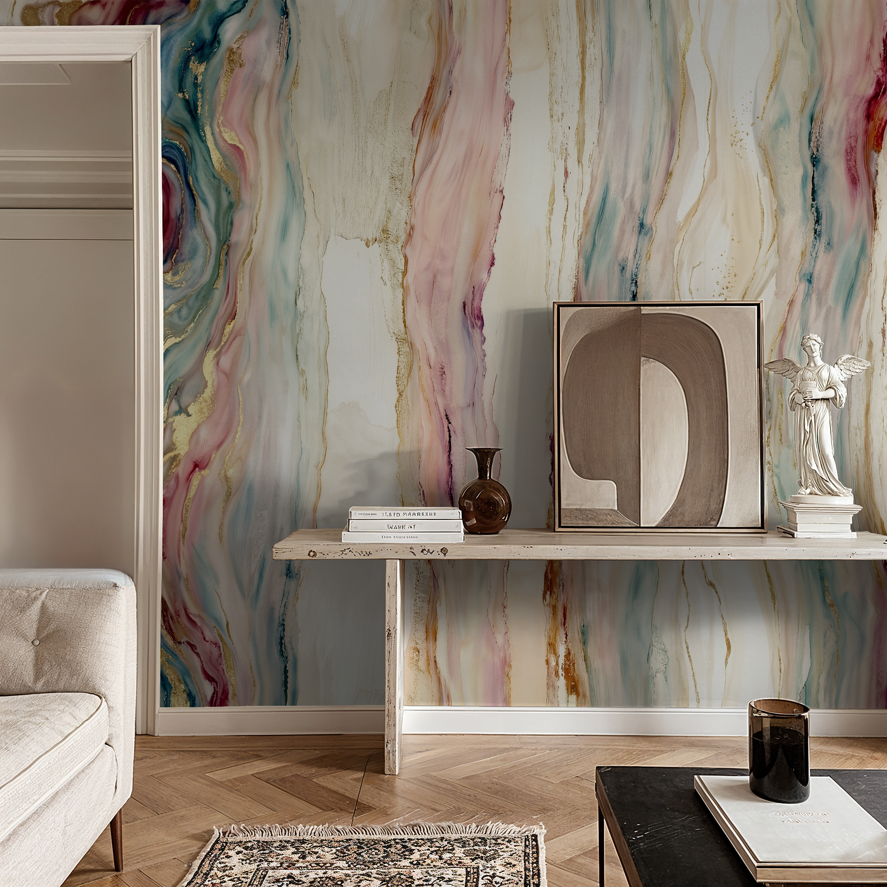 Abstract flowing color wallpaper with gold accents in elegant living room.