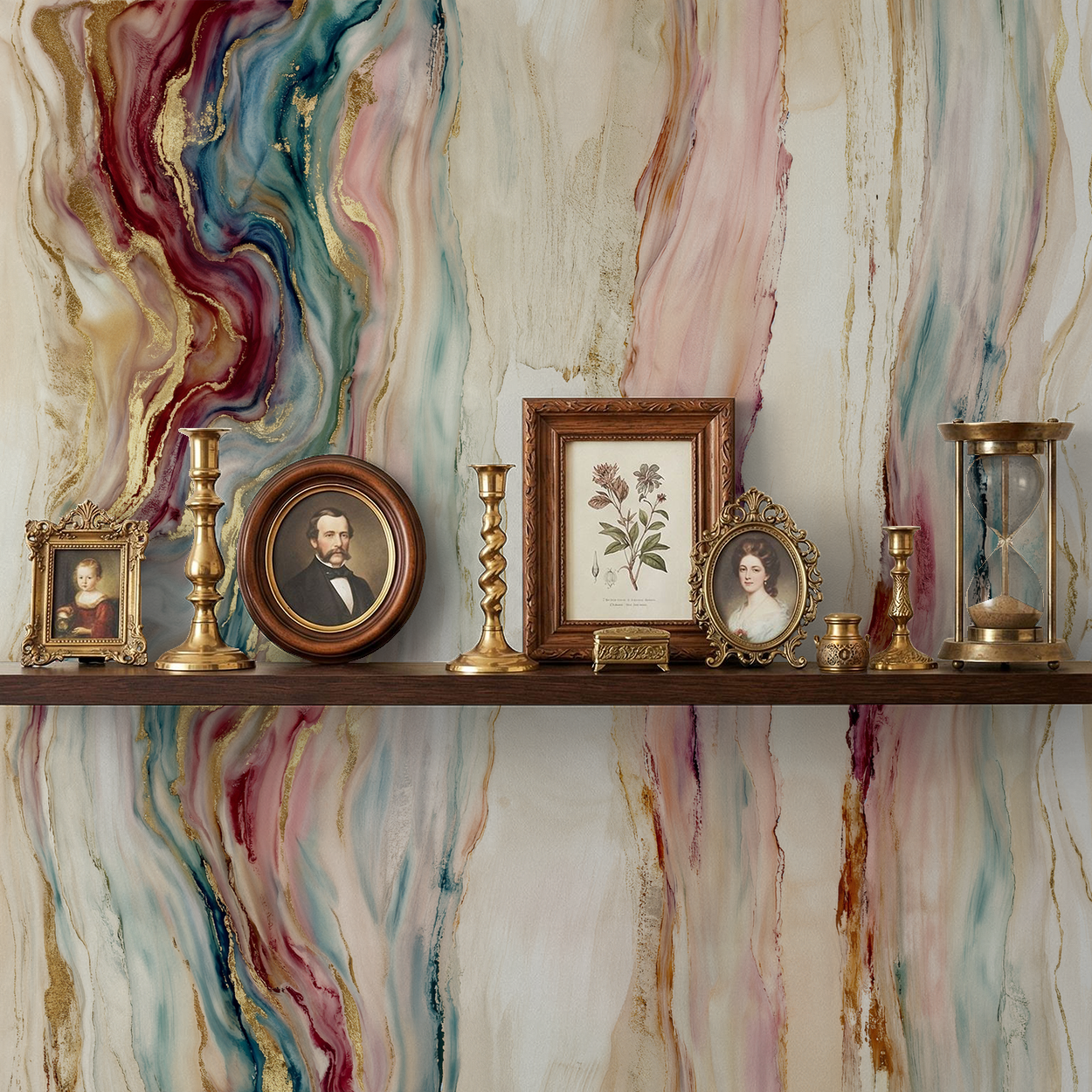 Abstract flowing wallpaper with gold accents and vintage decor on shelf.