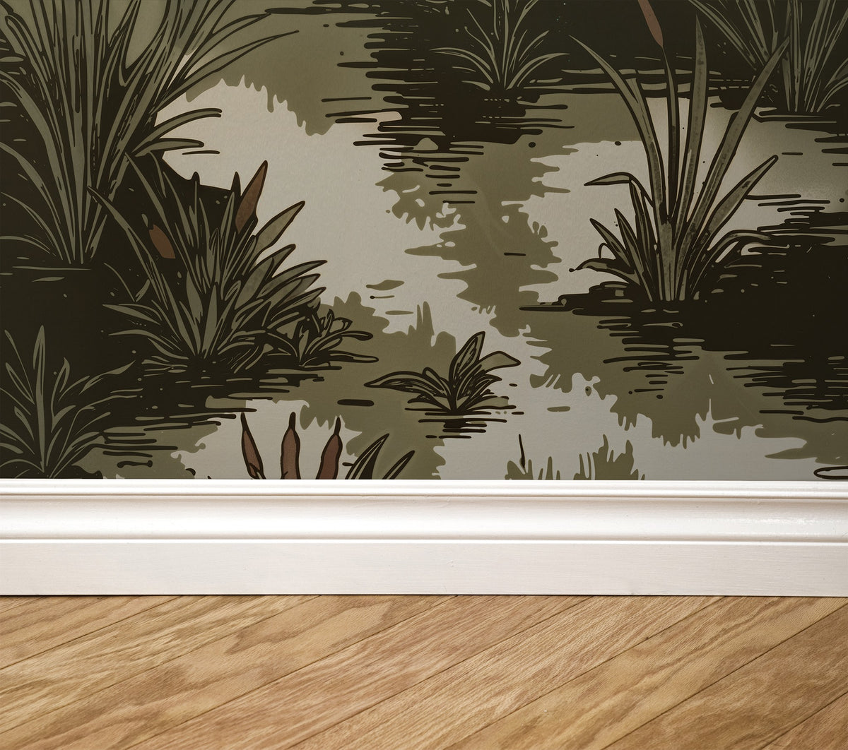 Olive and earth toned wallpaper with detailed foliage pattern in a rustic setting.