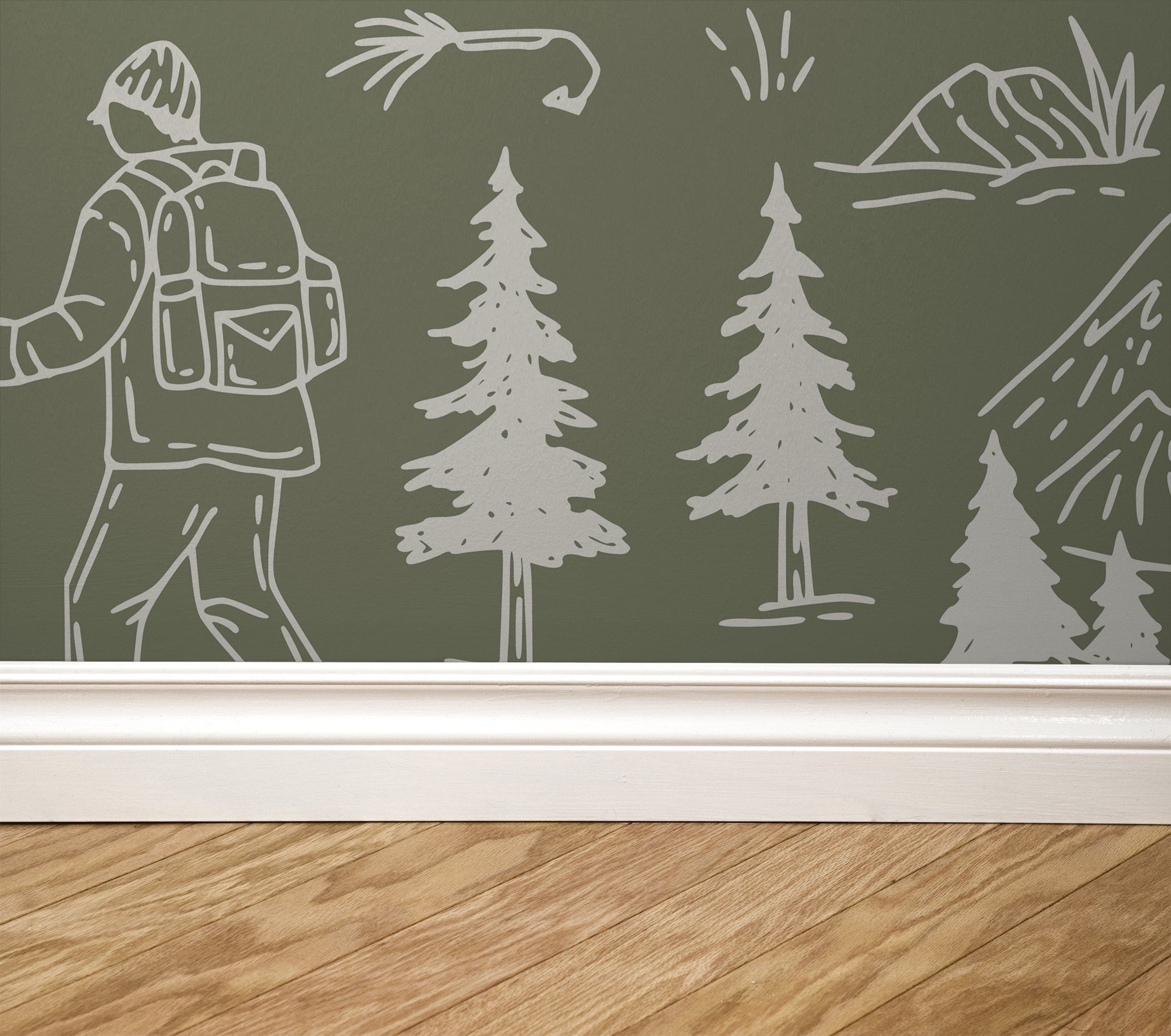 Olive-green wallpaper with white line drawings of hikers and trees.