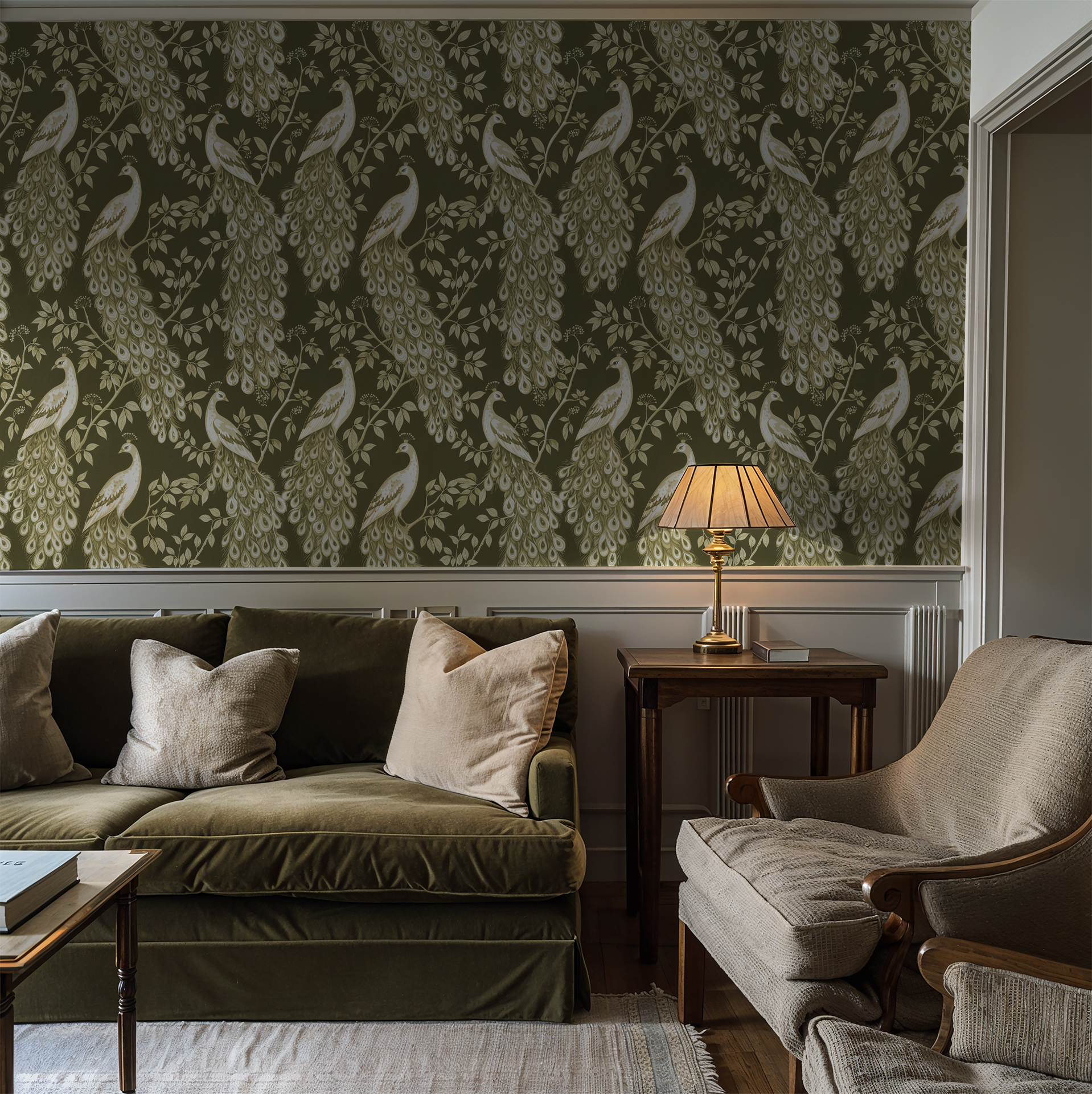 Elegant living room with olive-green peacock wallpaper and plush seating.