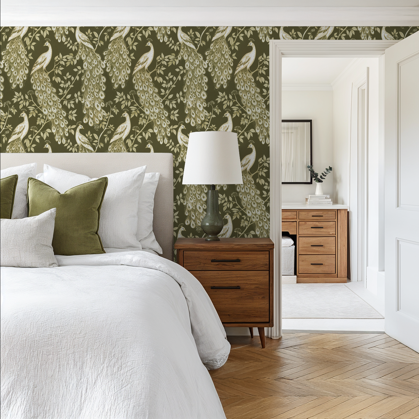 Elegant olive-green peacock wallpaper in a modern bedroom setting.
