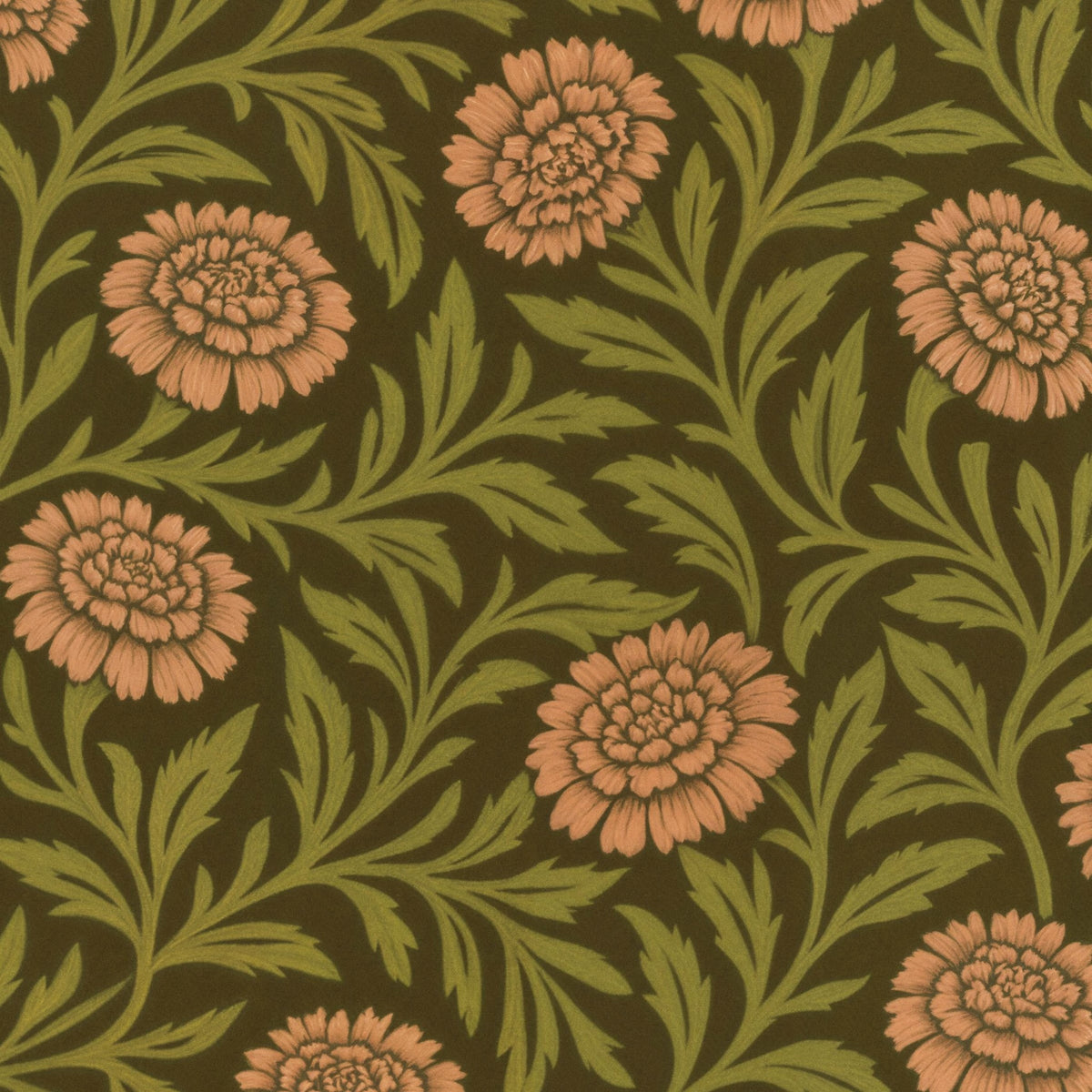 Olive wallpaper with pink floral pattern and green leaves