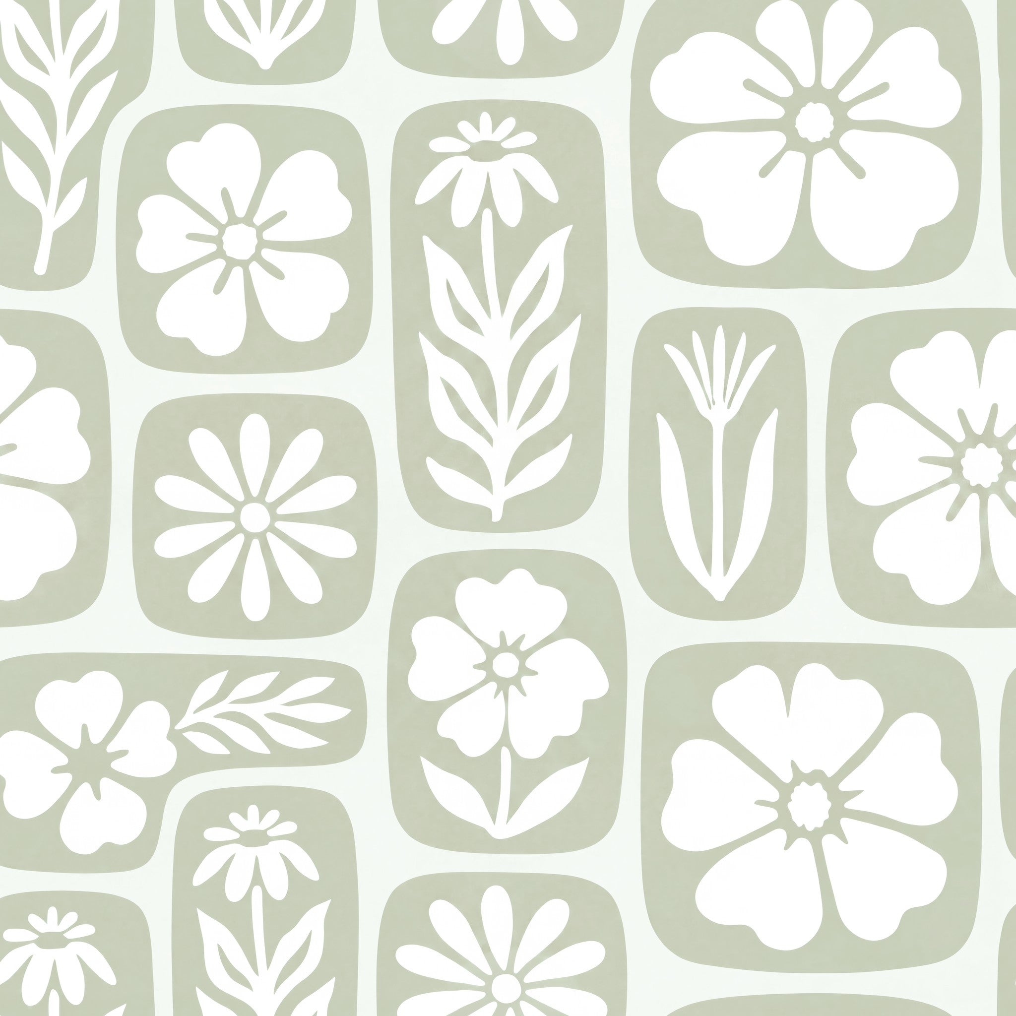 Pale sage green floral wallpaper with white botanical motifs, mid-century modern style.
