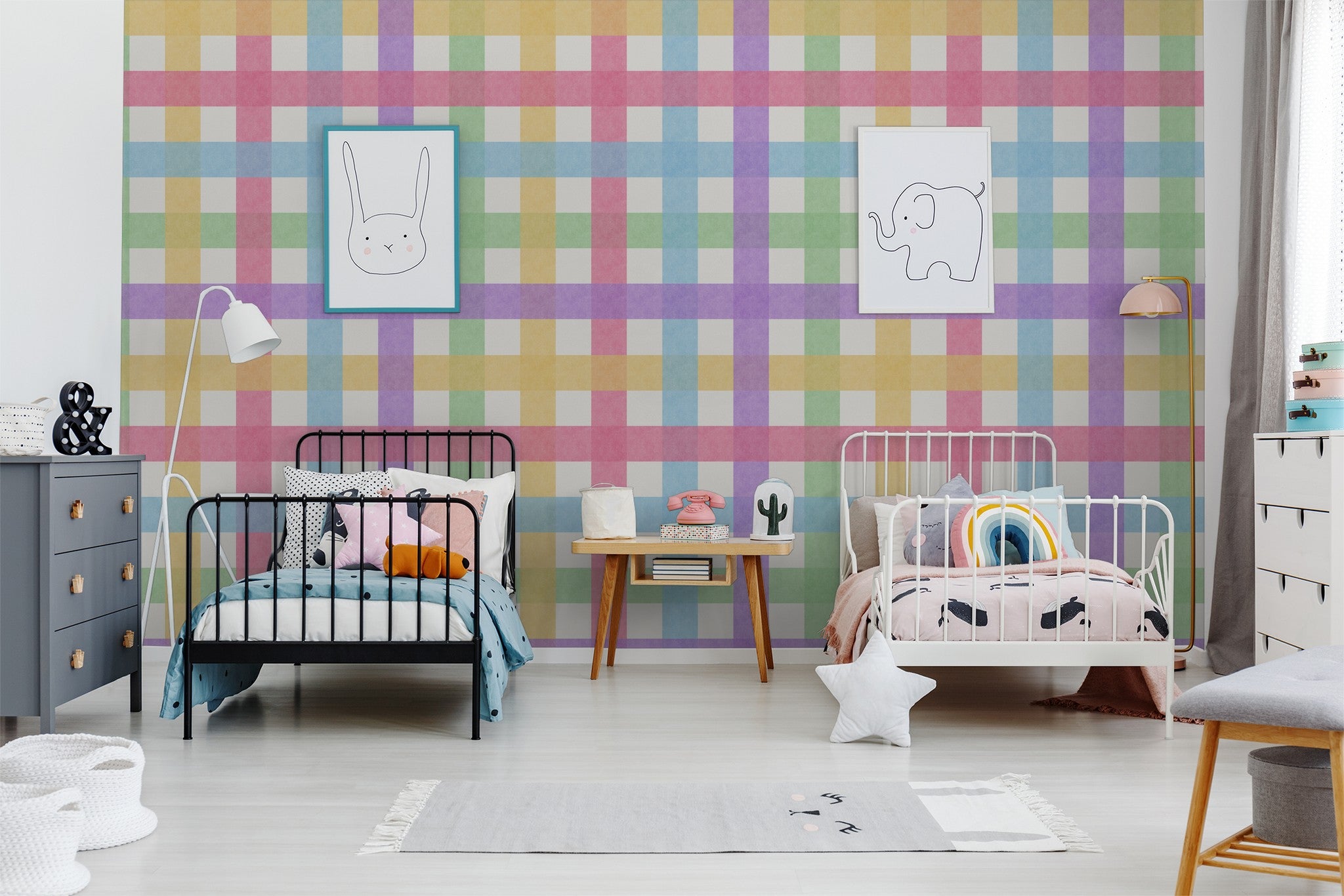 Pastel gingham wallpaper in colorful kid's bedroom with playful decor.