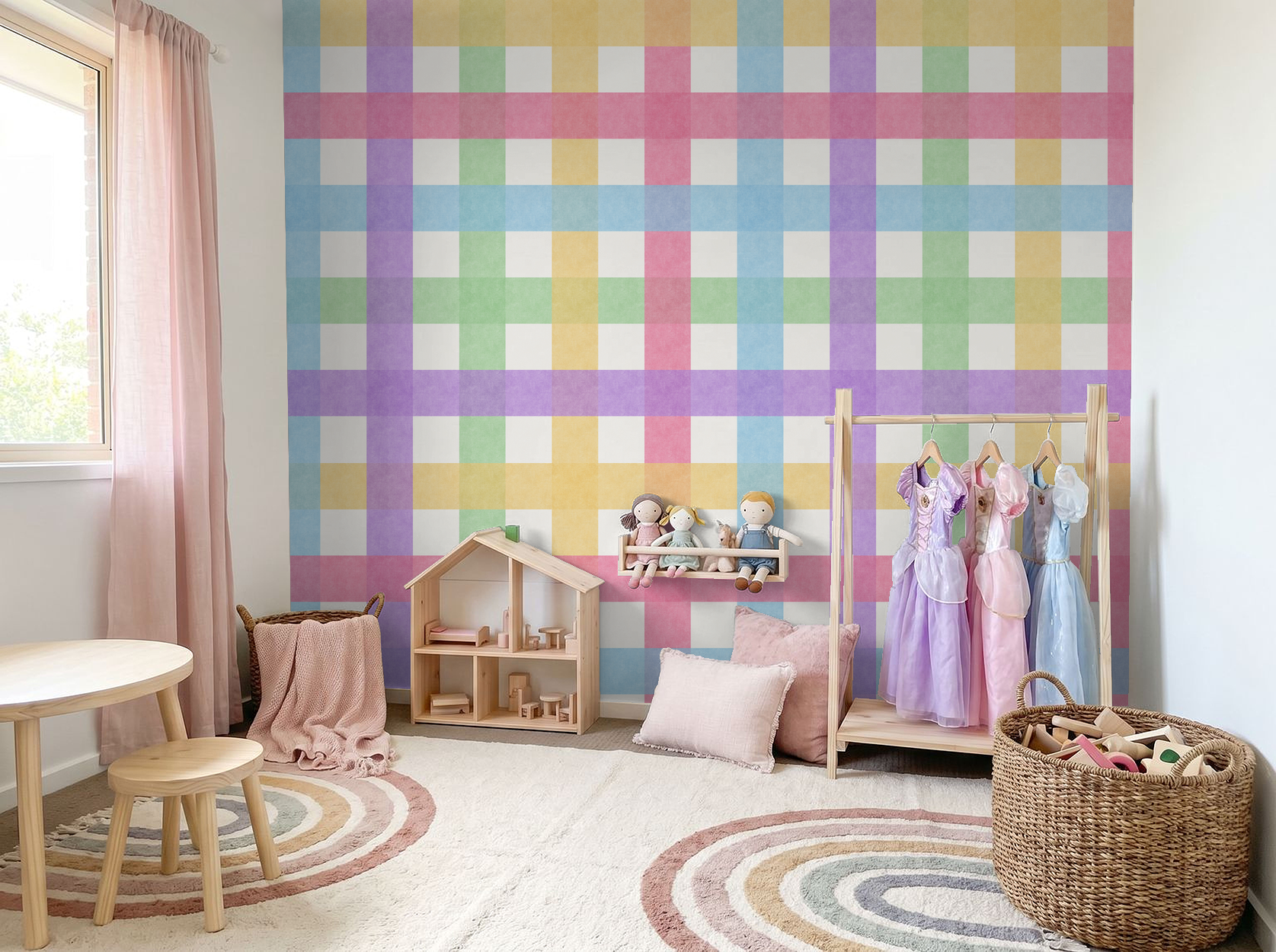 Pastel gingham wallpaper in a cozy kid's room with toys and dresses.