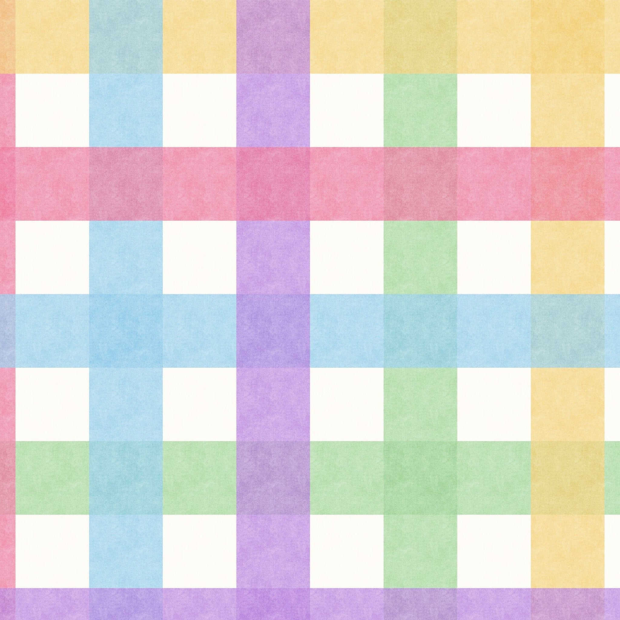 Pastel gingham wallpaper with pink, blue, green, yellow checks.