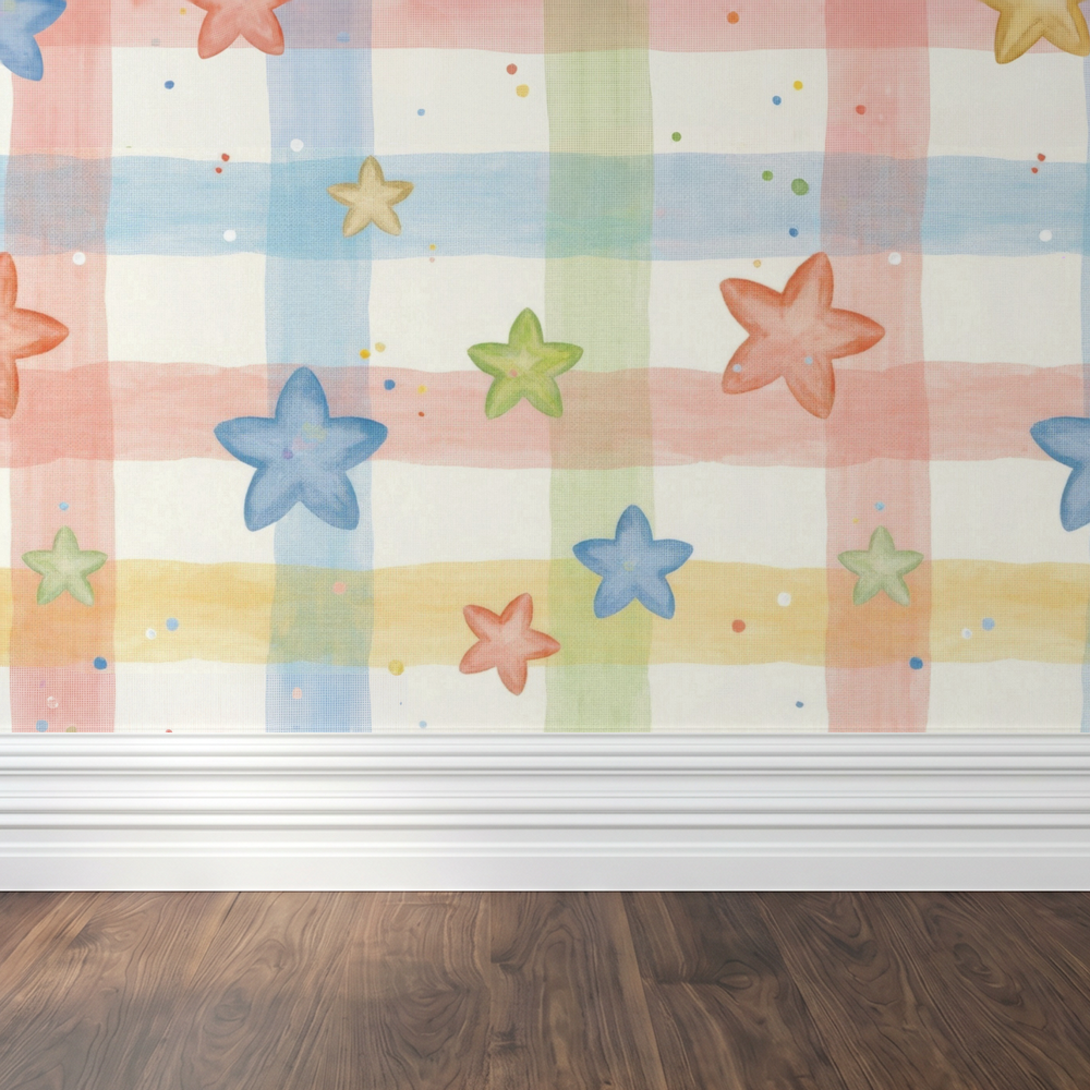 Whimsical pastel star and plaid pattern wallpaper in pink, blue, green, and yellow.