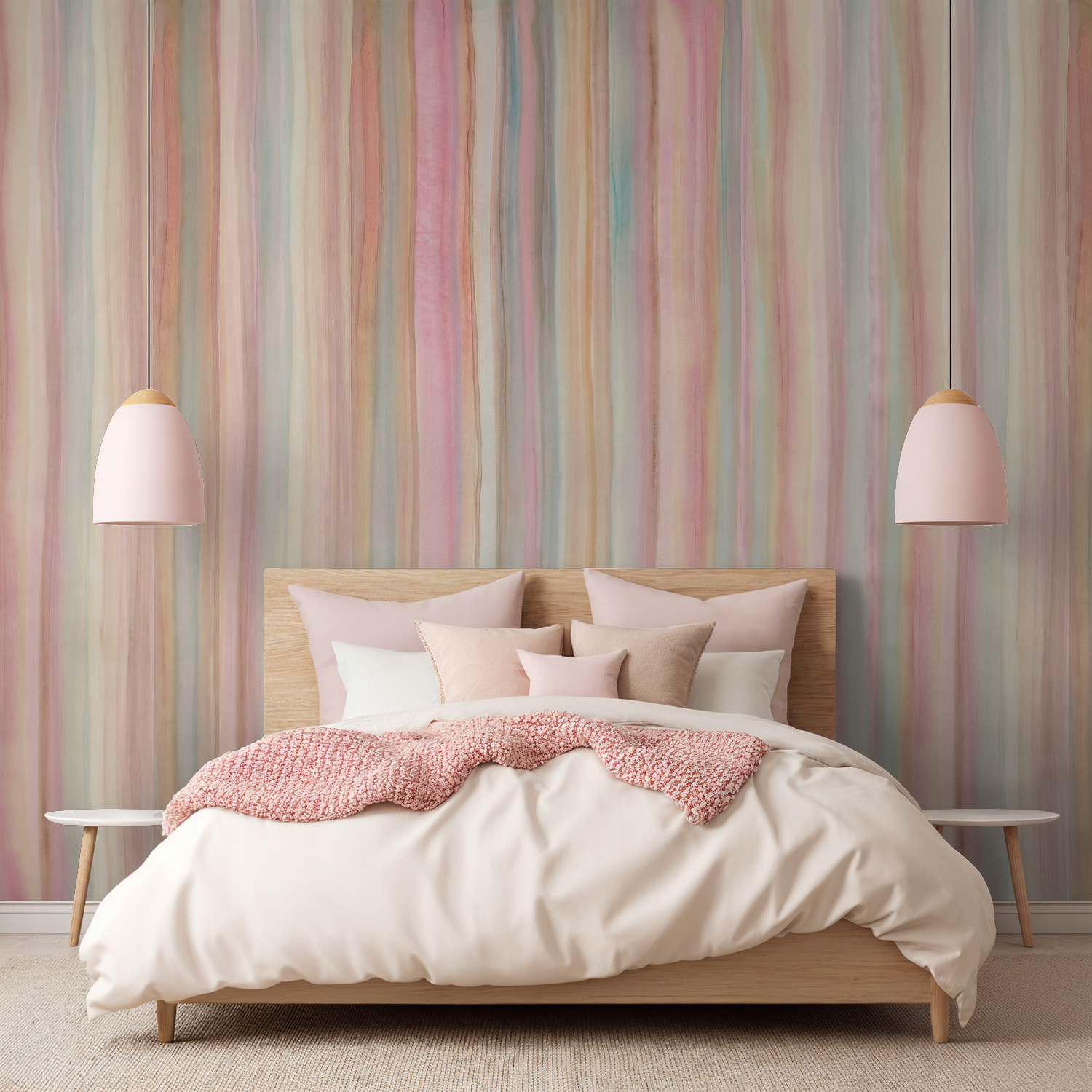 Pastel striped wallpaper in serene bedroom with wooden bed and pink accents.