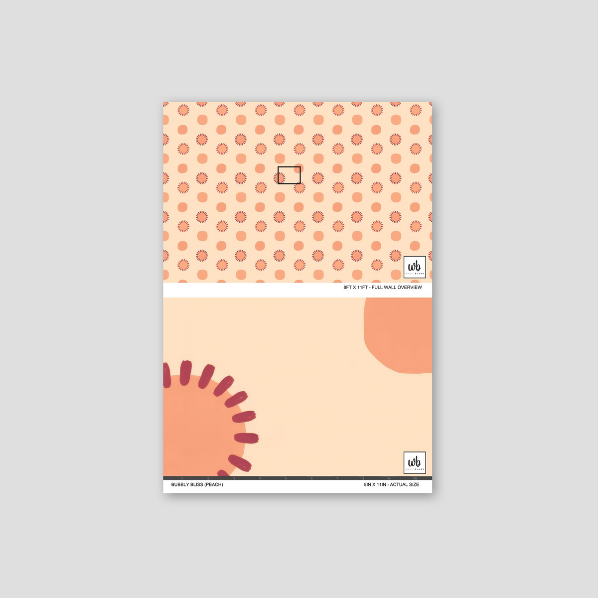 Peach wallpaper with circles and sunburst motifs in geometric pattern.