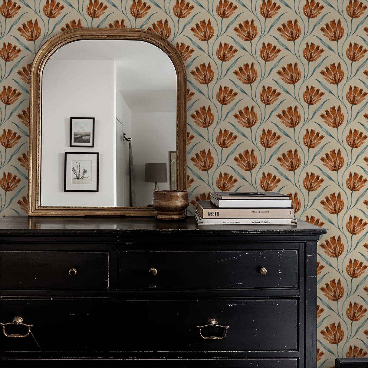 Petal Parade wallpaper with terracotta floral pattern in a cozy bedroom setting.