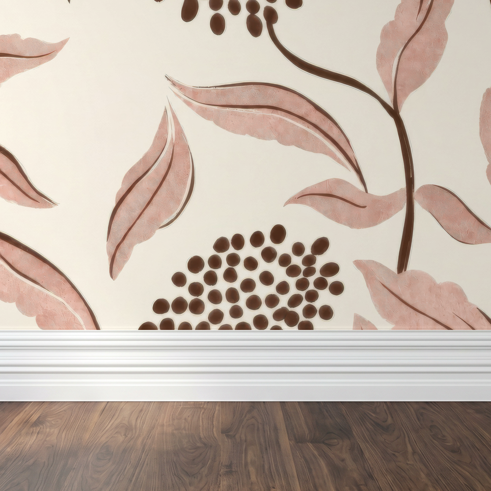 Pink botanical wallpaper with leaves and berries in a serene room setting.