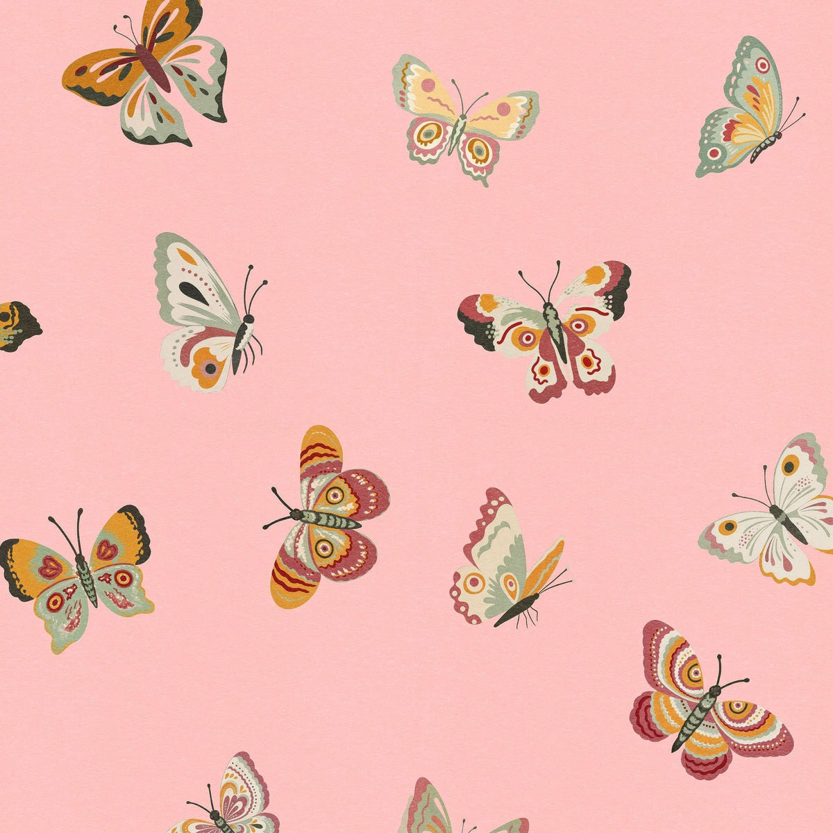 Pink wallpaper with colorful butterfly pattern, whimsical and playful design.