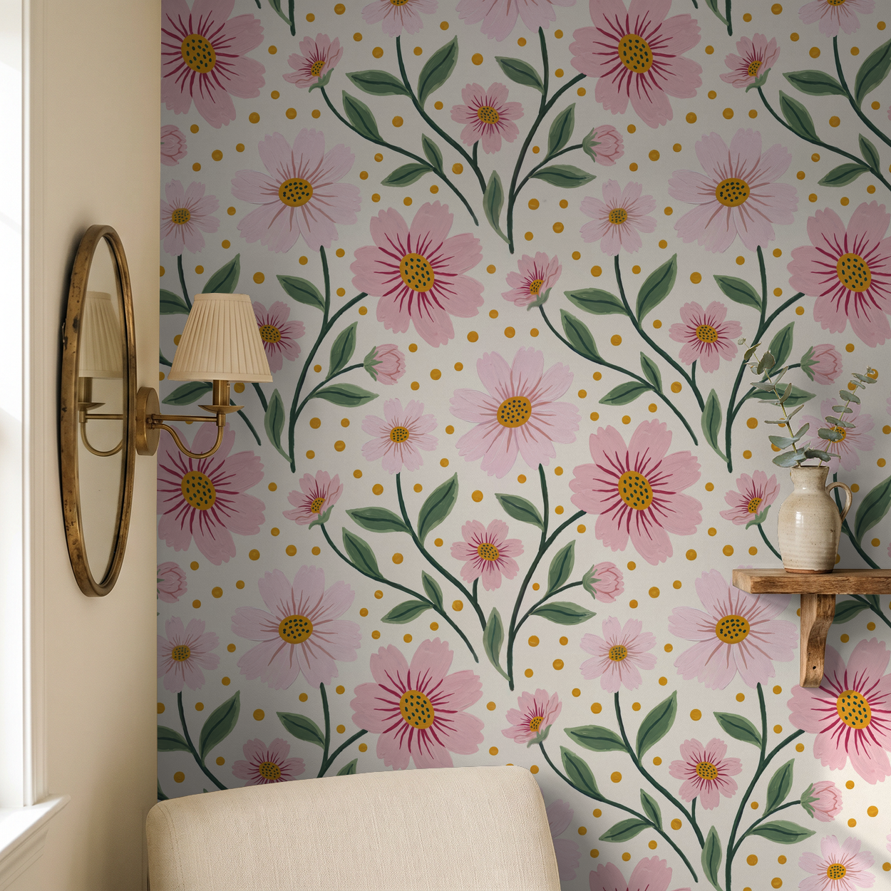 Pink floral wallpaper with green leaves and gold accents in a cozy room setting.