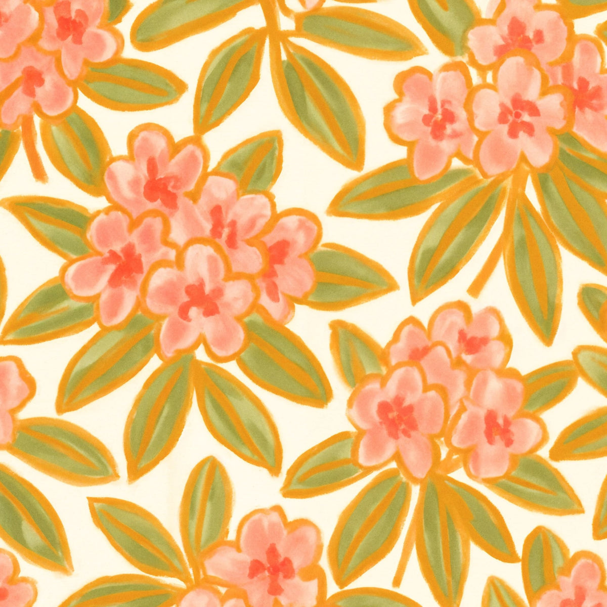 Floral wallpaper with pink flowers and green leaves on a cream background.