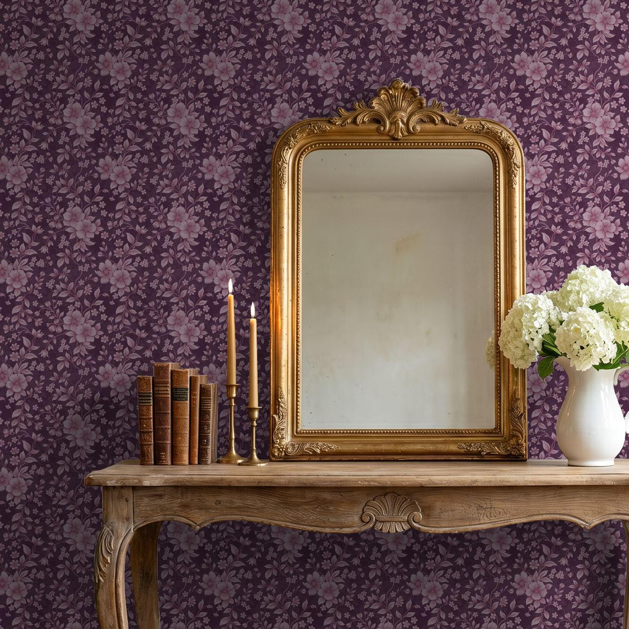 Pink floral wallpaper with a rich purple background in an elegant room with a vintage mirror and wooden table.