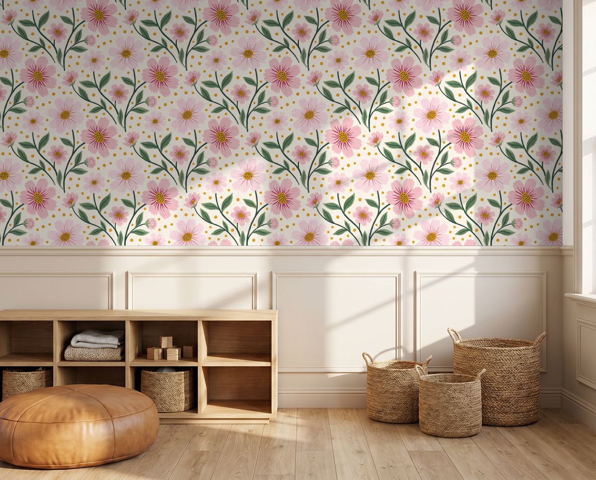 Pink floral wallpaper with green leaves in sunlit room with wicker baskets and wood shelves.