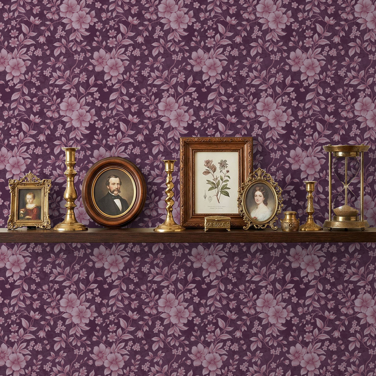 Pink floral wallpaper on a deep purple background with vintage decor on a shelf.