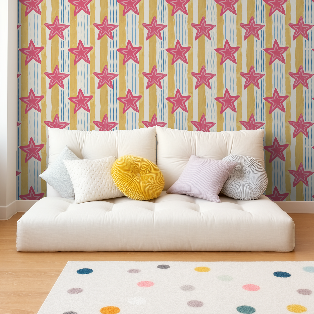 Pink star wallpaper with yellow and blue stripes in a playful living room.