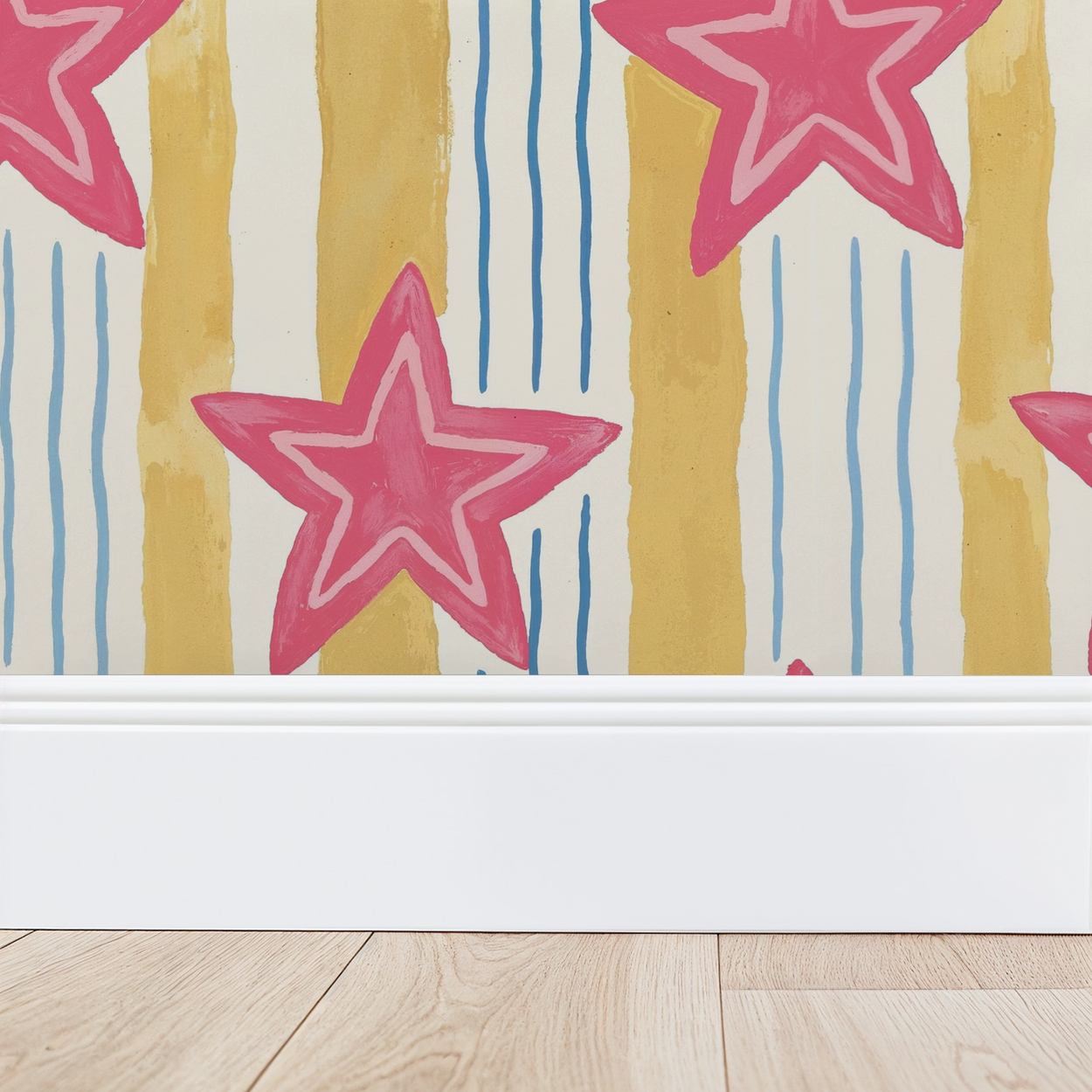 Pink star wallpaper with yellow and blue stripes in a playful design