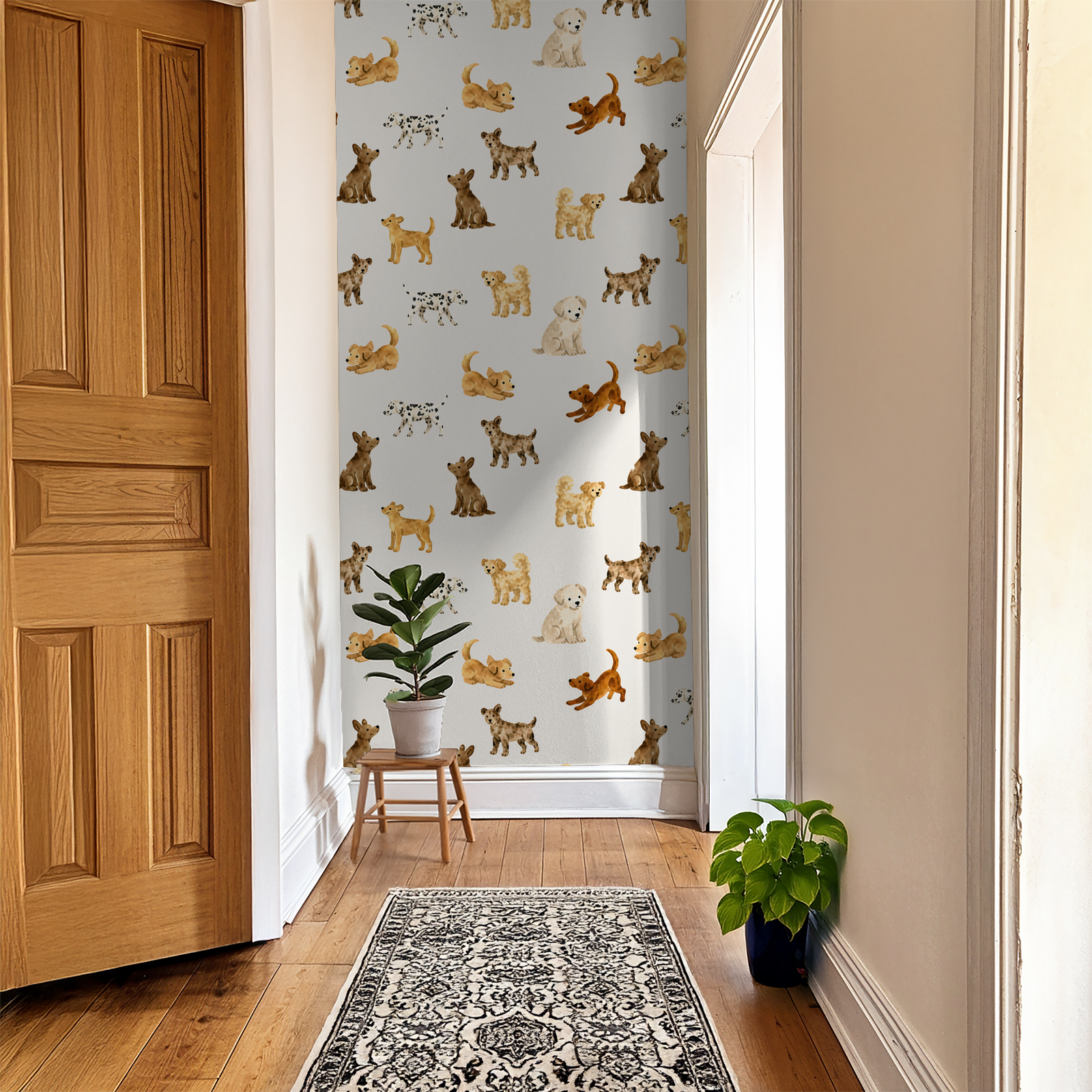 Playful dog pattern wallpaper in hallway with wooden floor and plants.