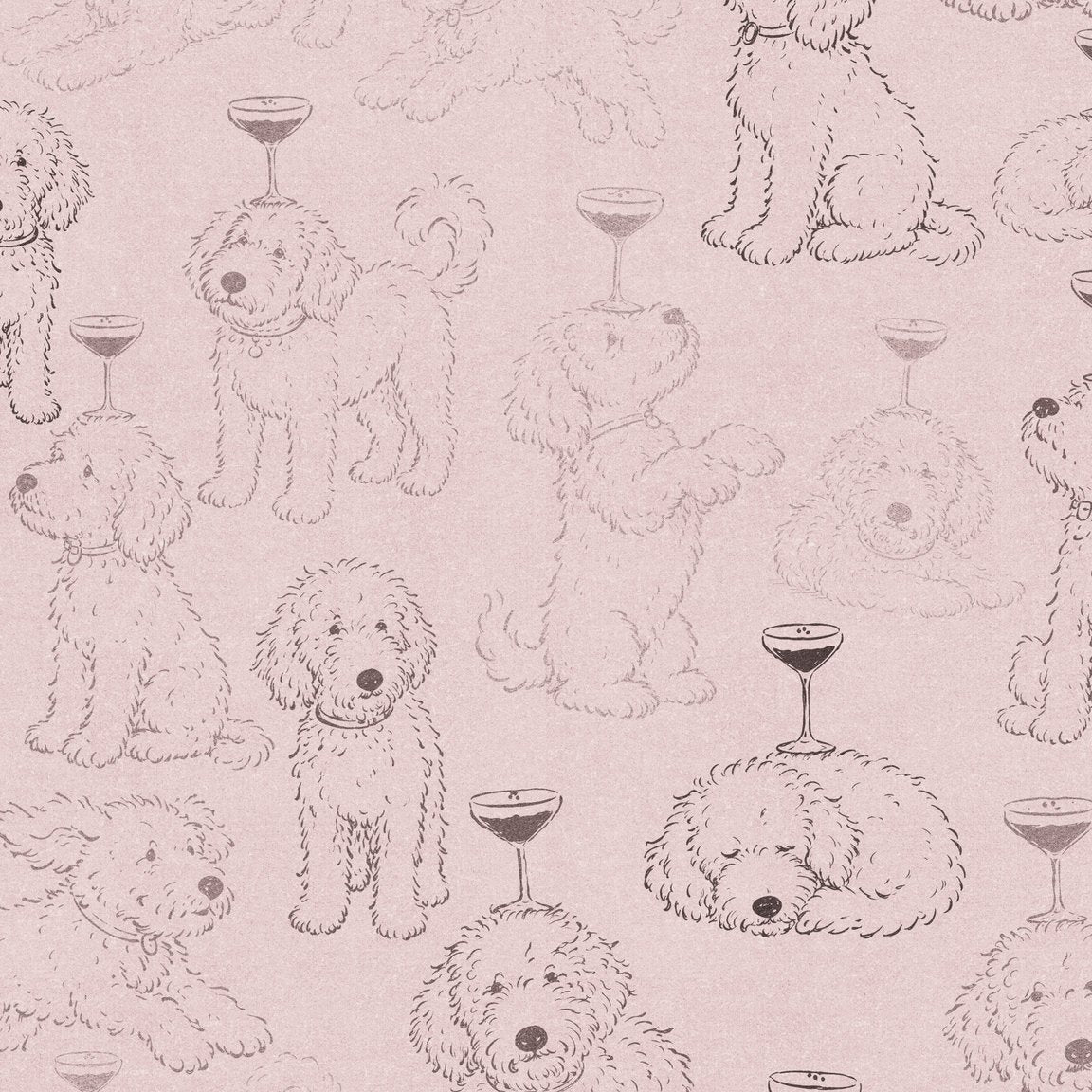 Playful dogs with coupe glasses on soft pink wallpaper