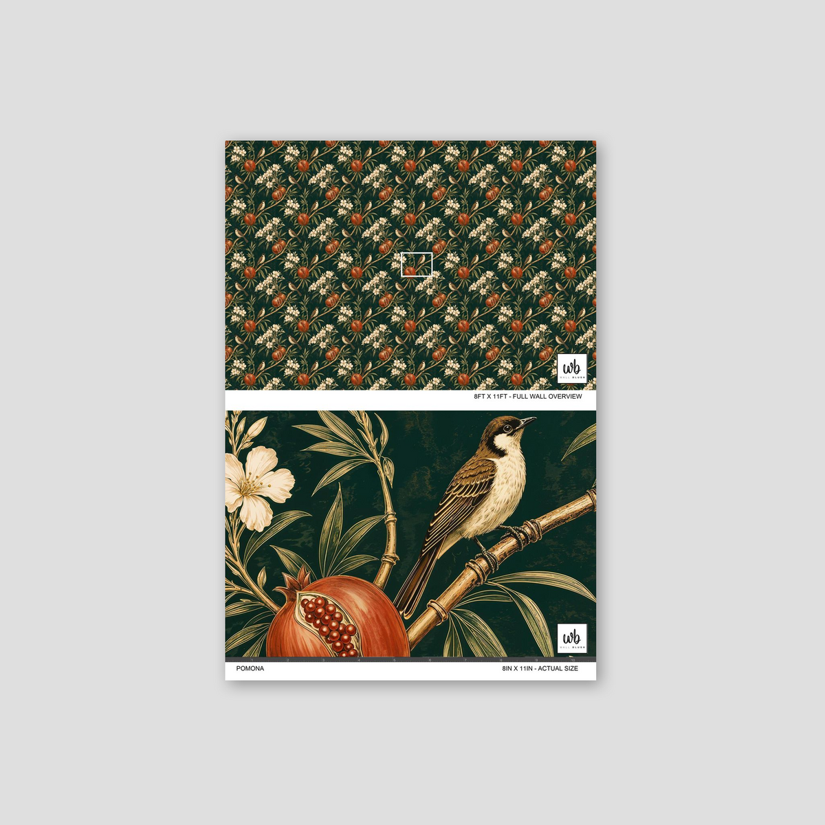 Pomona wallpaper with birds, pomegranates, and floral pattern in green and earthy tones.