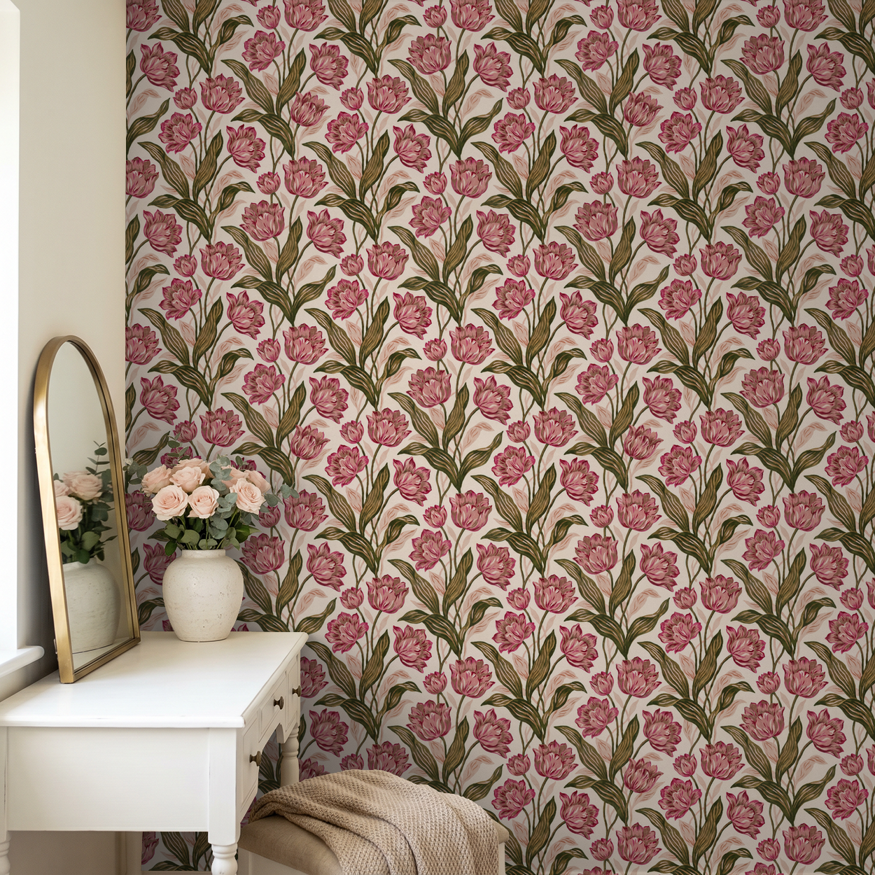 Provence wallpaper with pink floral pattern in elegant bedroom setting.