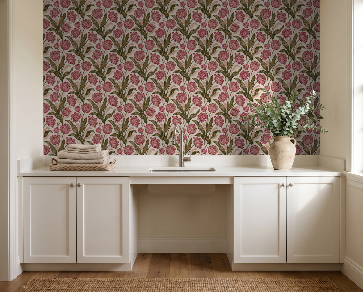 Provence wallpaper with pink floral pattern in a bright laundry room.
