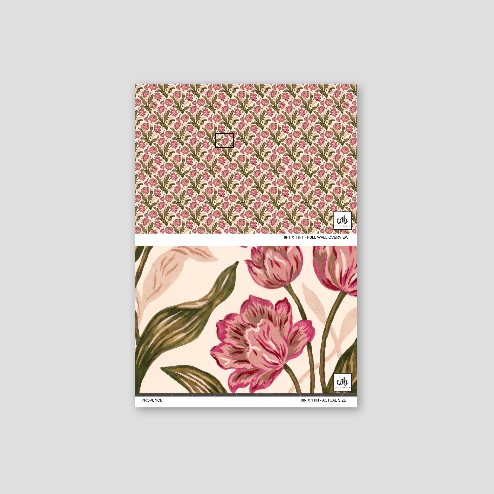 Provence wallpaper with pink floral pattern and green leaves, sample view.