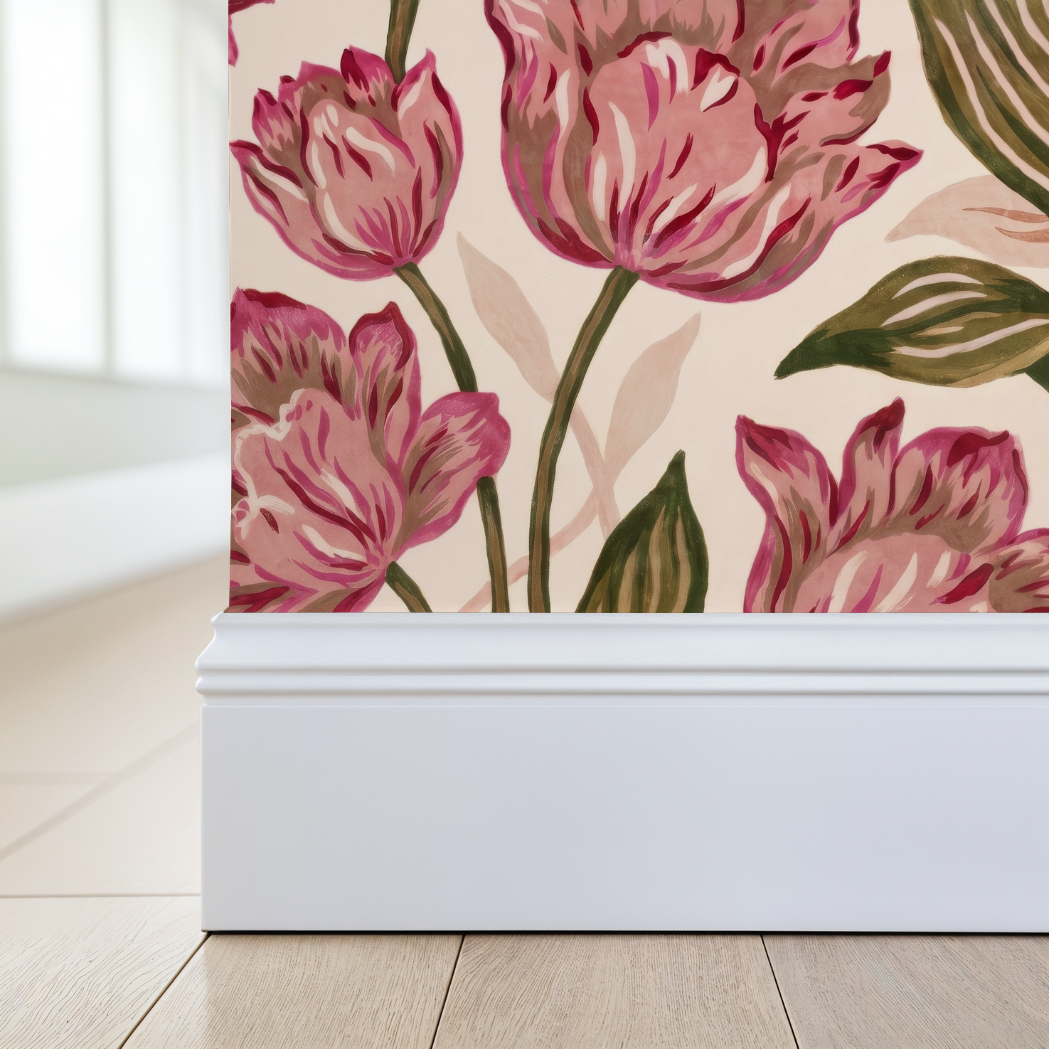 Provence wallpaper with pink tulips and green leaves in a bright room