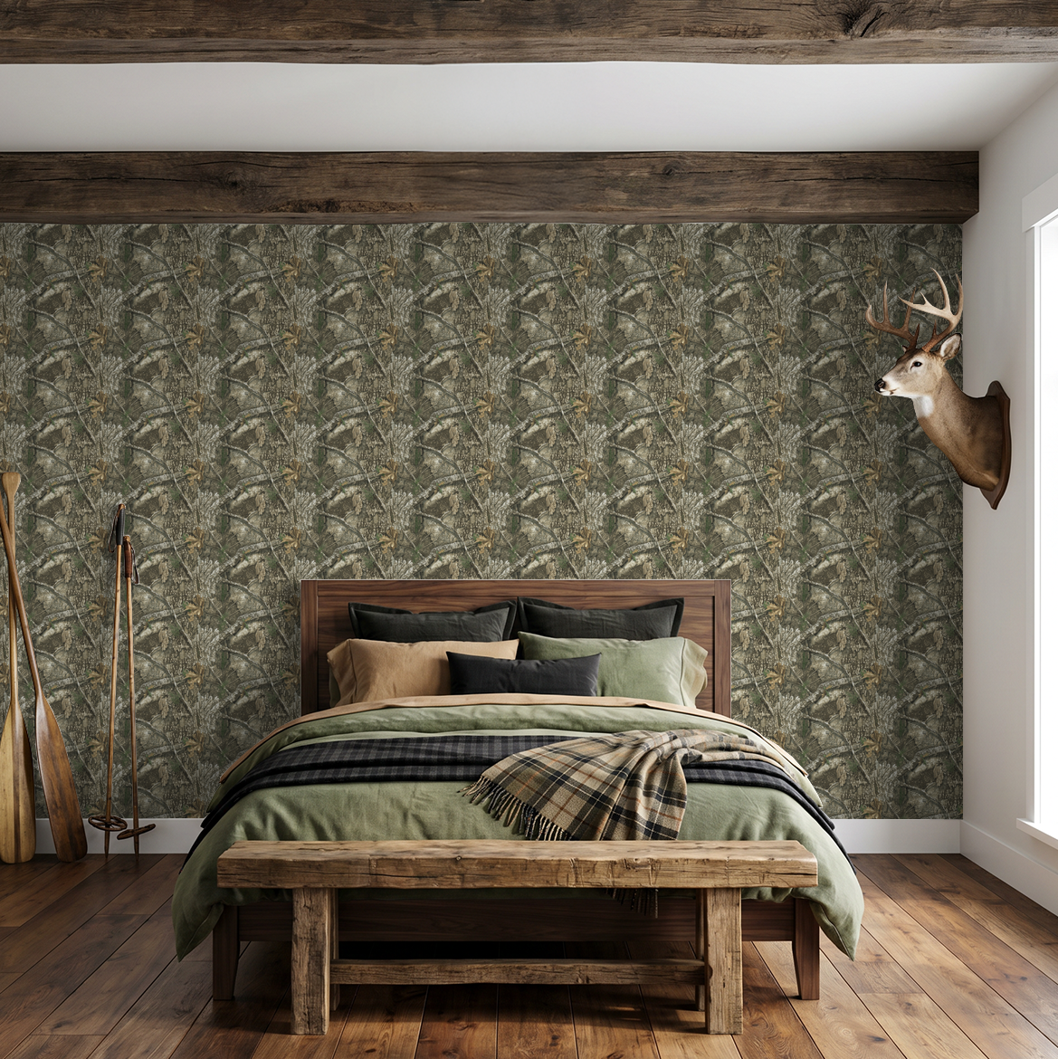 Realtree APX wallpaper with natural bark and leaf pattern in rustic bedroom.