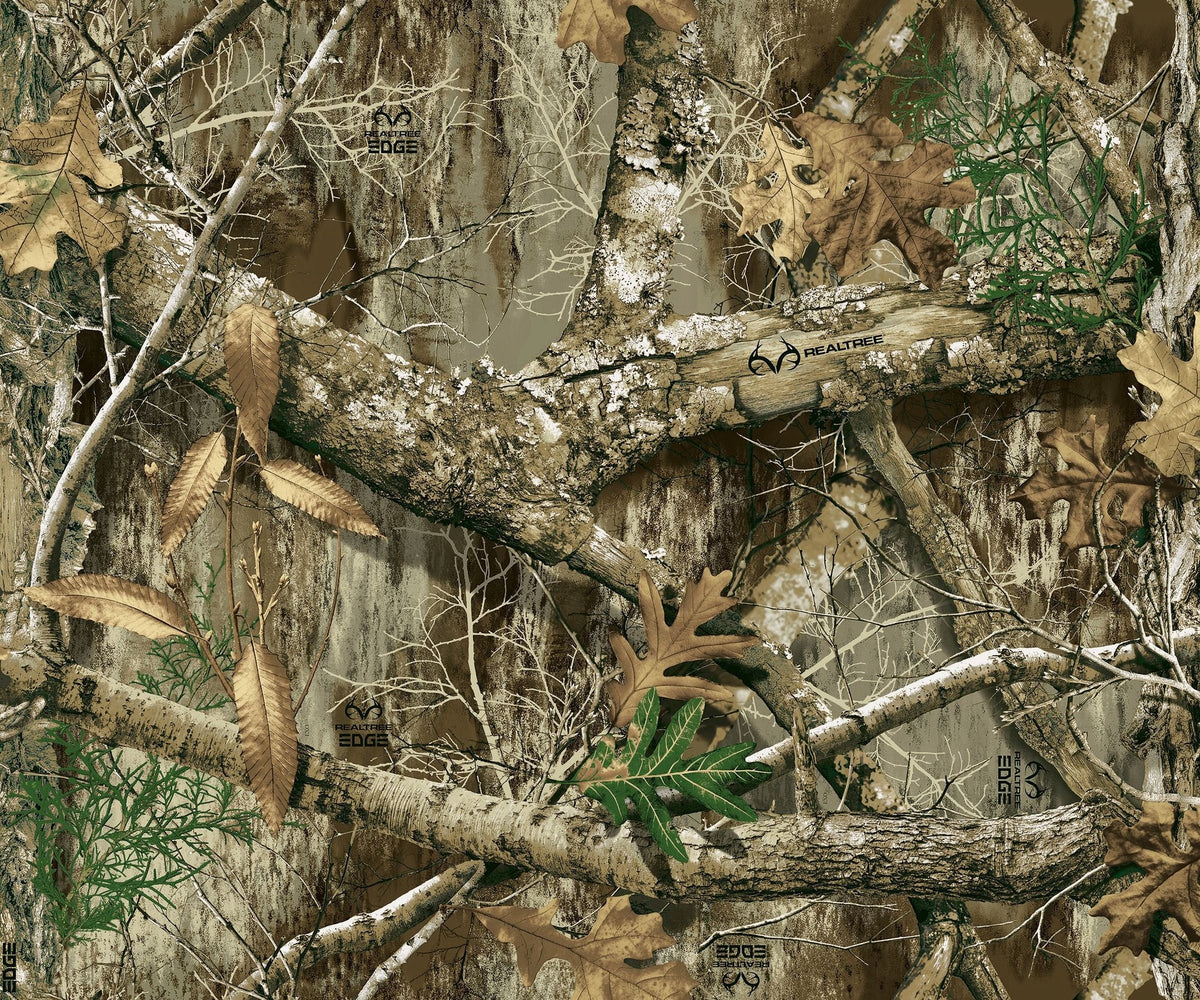 Realtree Edge wallpaper with branches, leaves, earthy browns and greens, nature theme.
