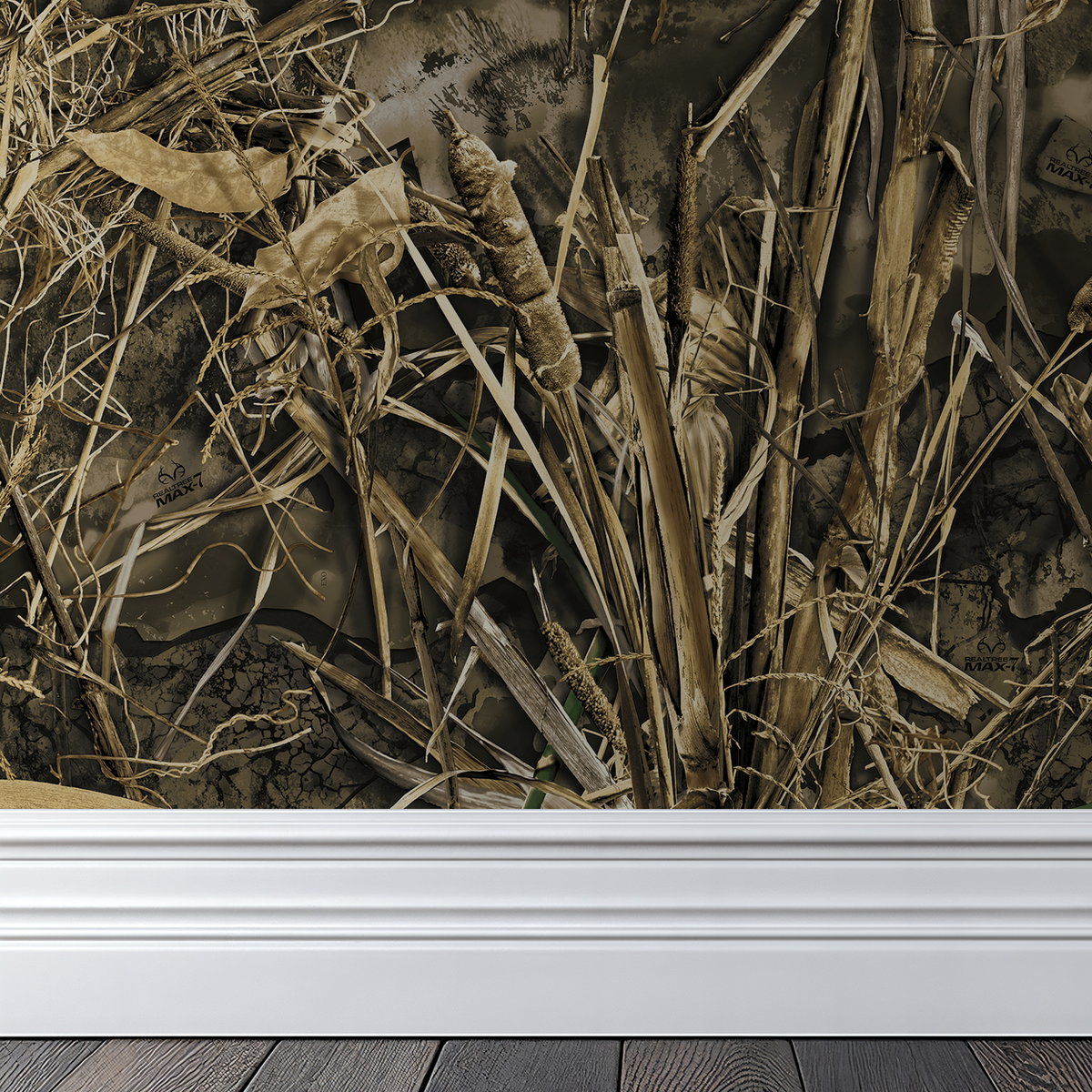 Nature-inspired wallpaper with overgrown reeds and earthy tones in a rustic setting.