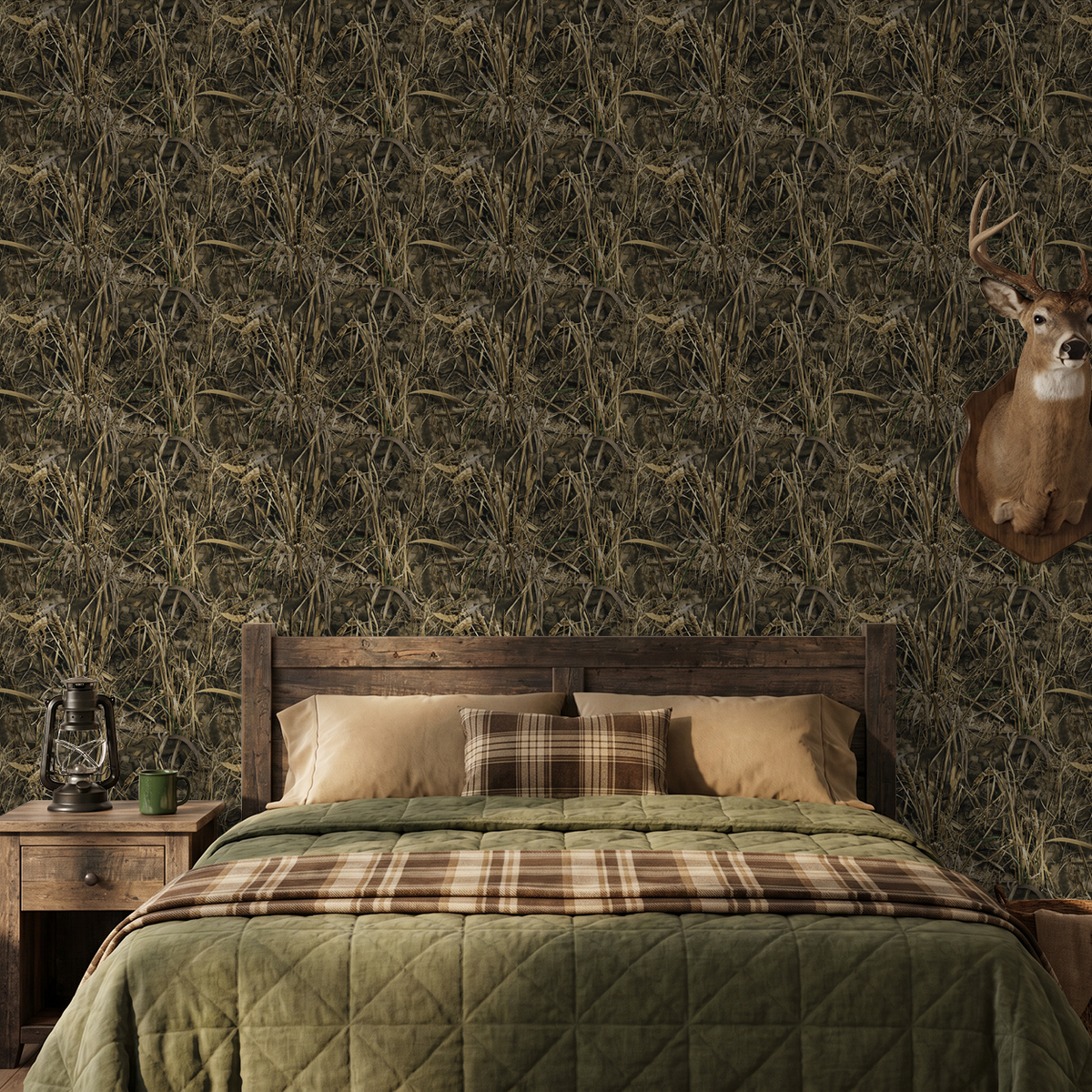 Realtree MAX wallpaper with earthy reeds and grasses in rustic bedroom setting.