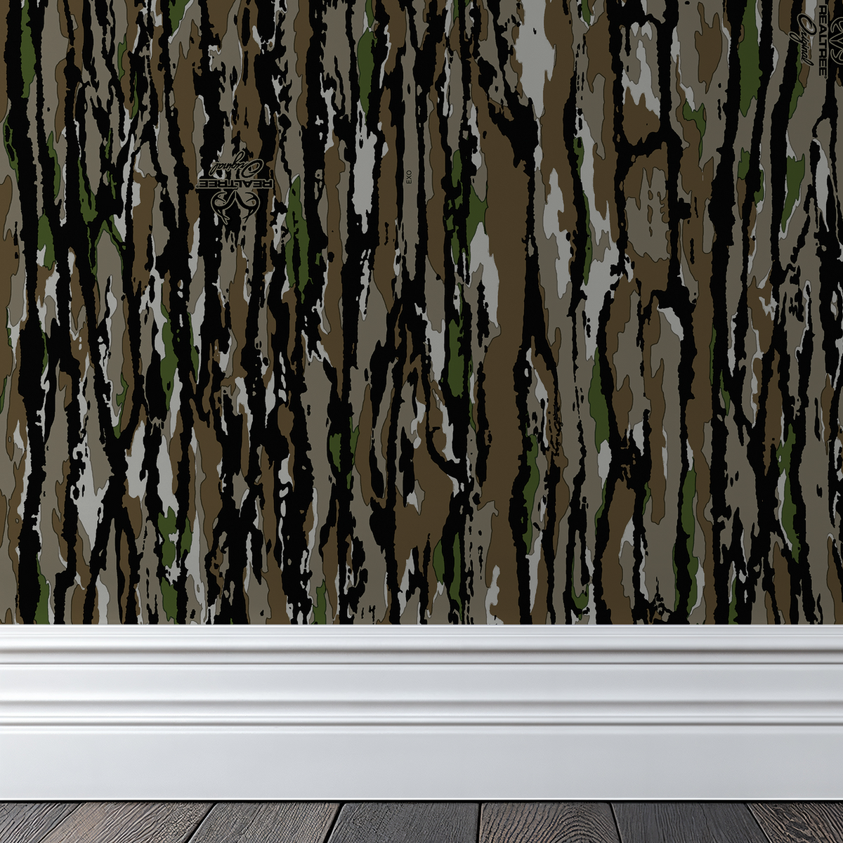 Realtree Original wallpaper with bark-like pattern in browns, greens, grays
