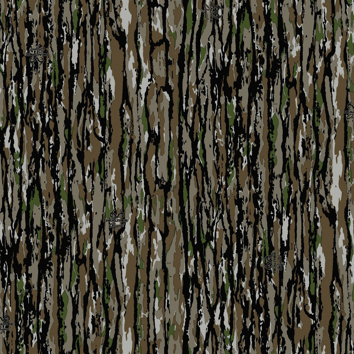 Realtree Original wallpaper with bark-like pattern in earthy browns, greens, and grays.