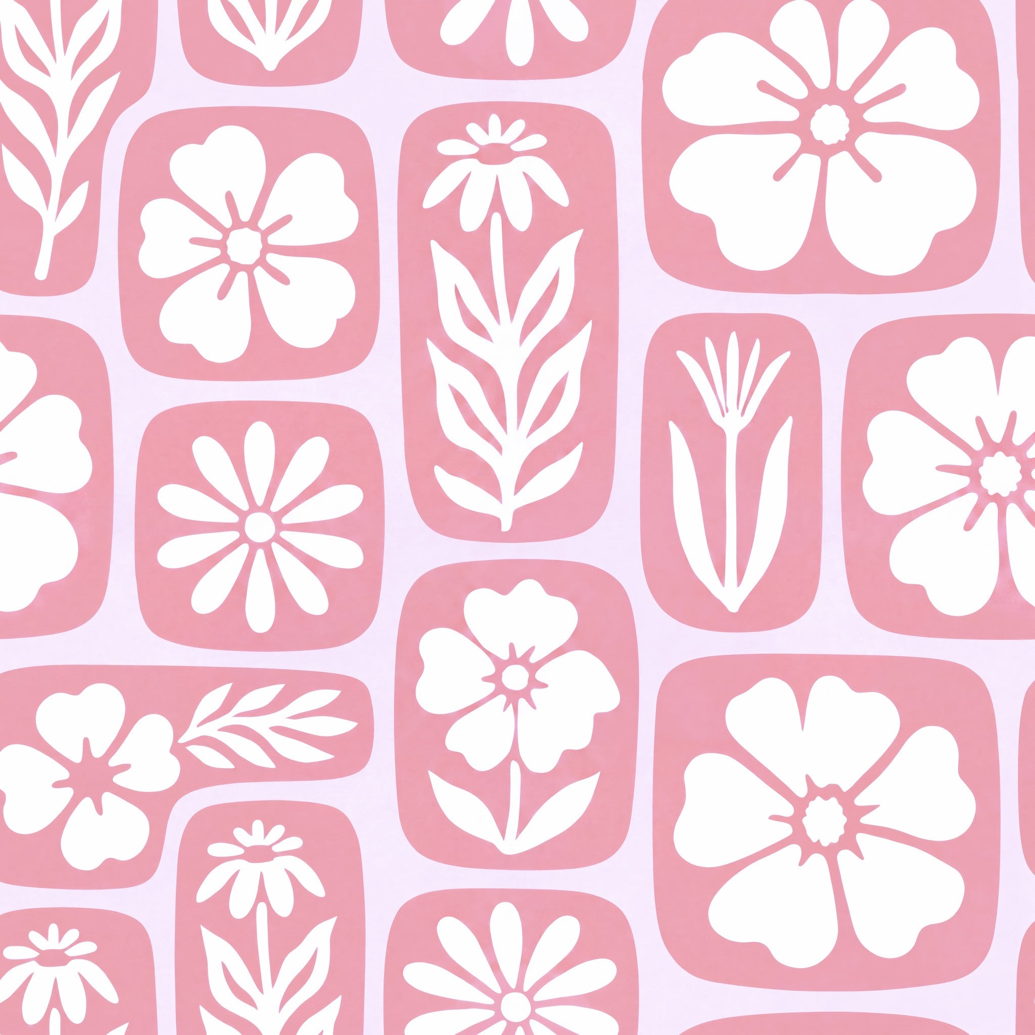 Retro-inspired pink floral wallpaper with white motifs on a pastel background.